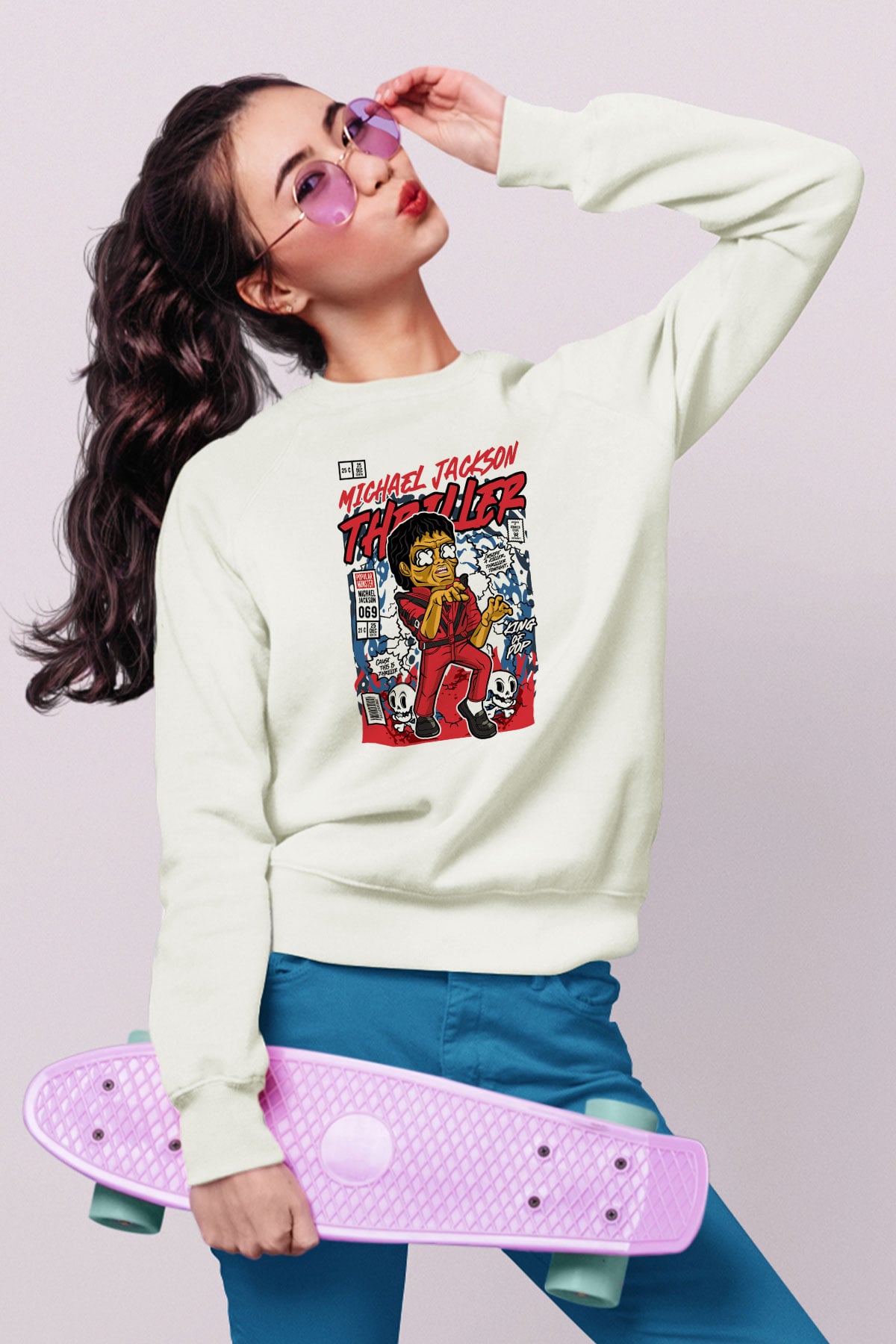 Michael Jackson Thriller Baskılı Unisex Beyaz Sweatshirt