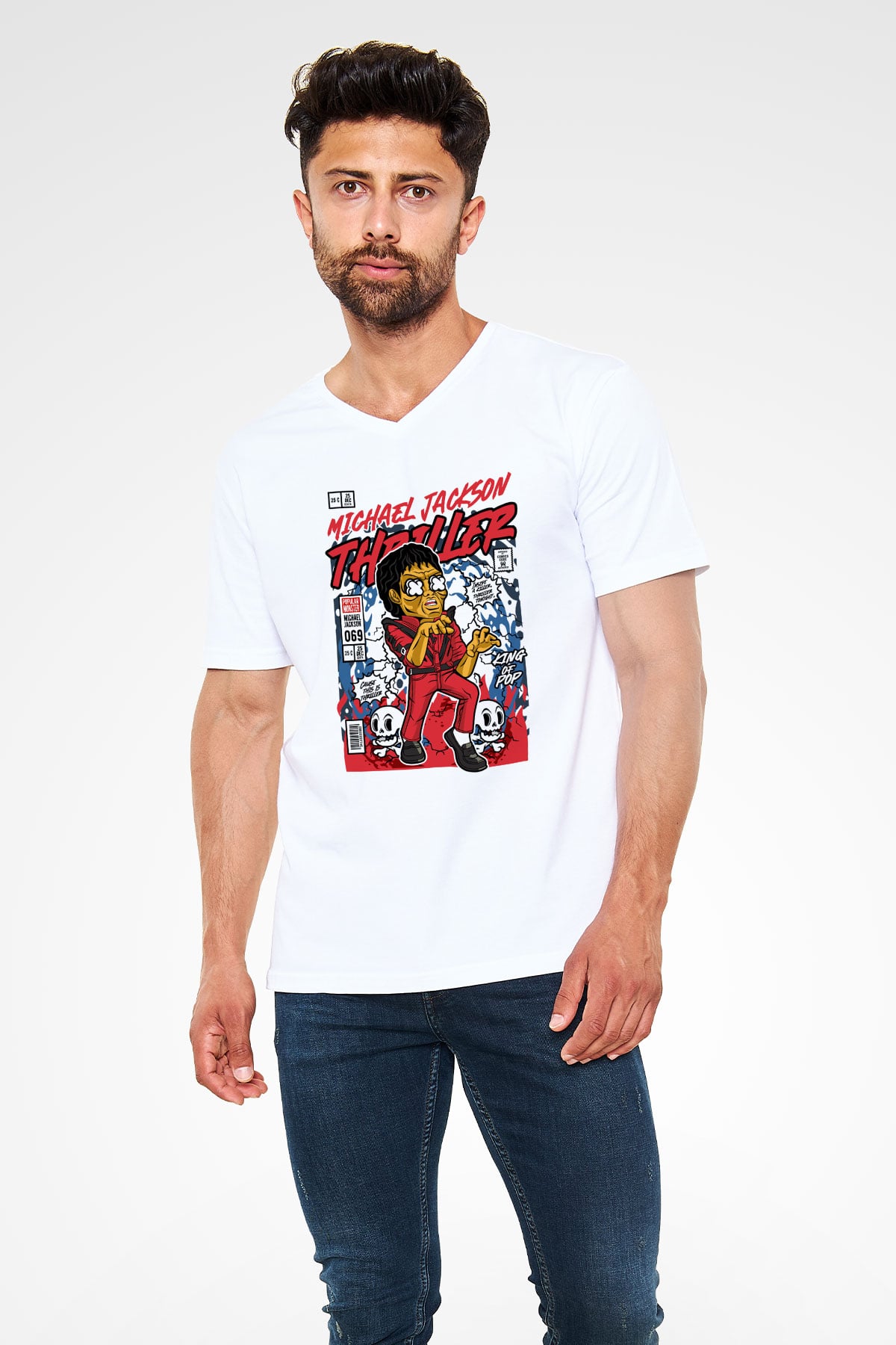 Michael Jackson Thriller Baskılı Unisex Beyaz V Yaka Tişört