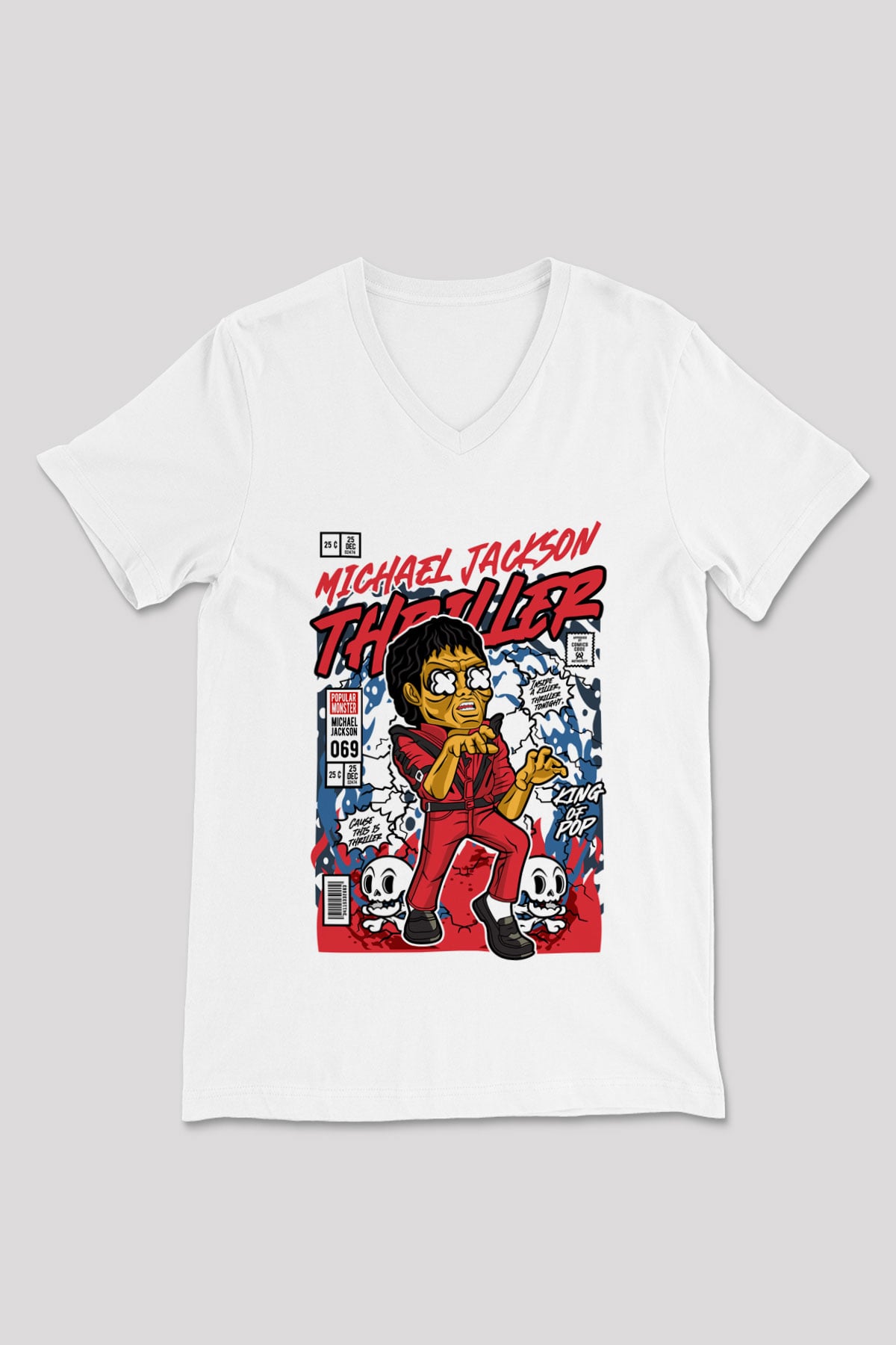 Michael Jackson Thriller Baskılı Unisex Beyaz V Yaka Tişört