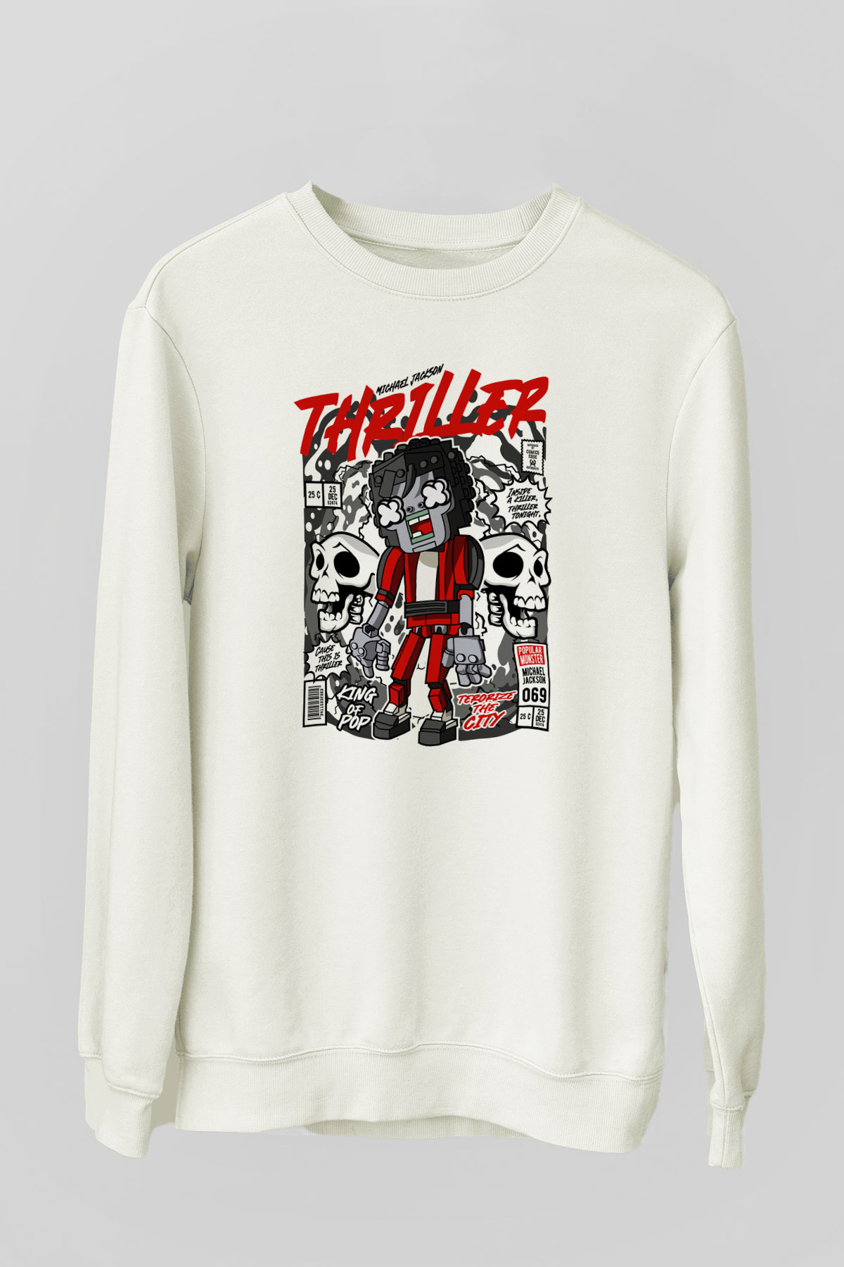 Michael Jakson Zombie Baskılı Unisex Beyaz Sweatshirt