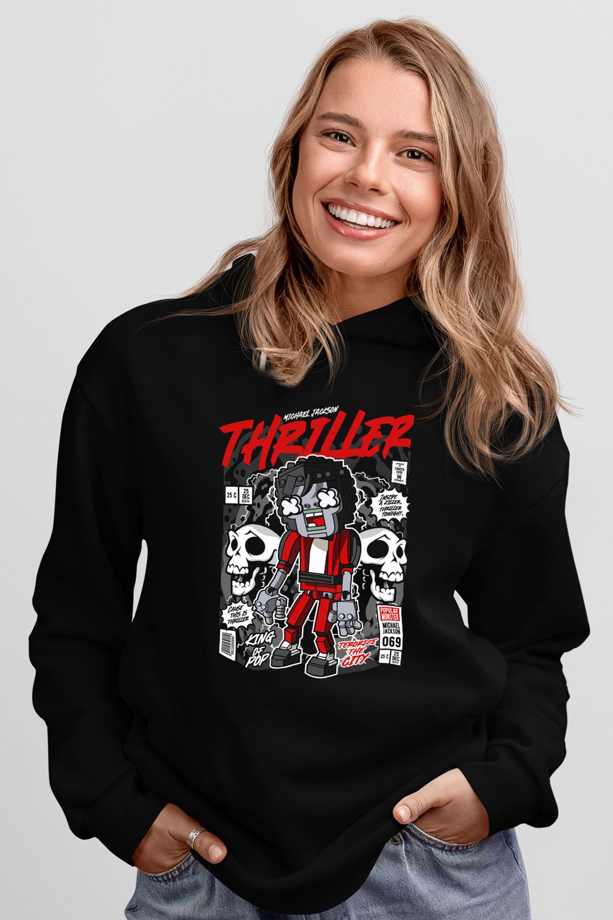 Michael Jakson Zombie Baskılı Unisex Siyah Hoodie