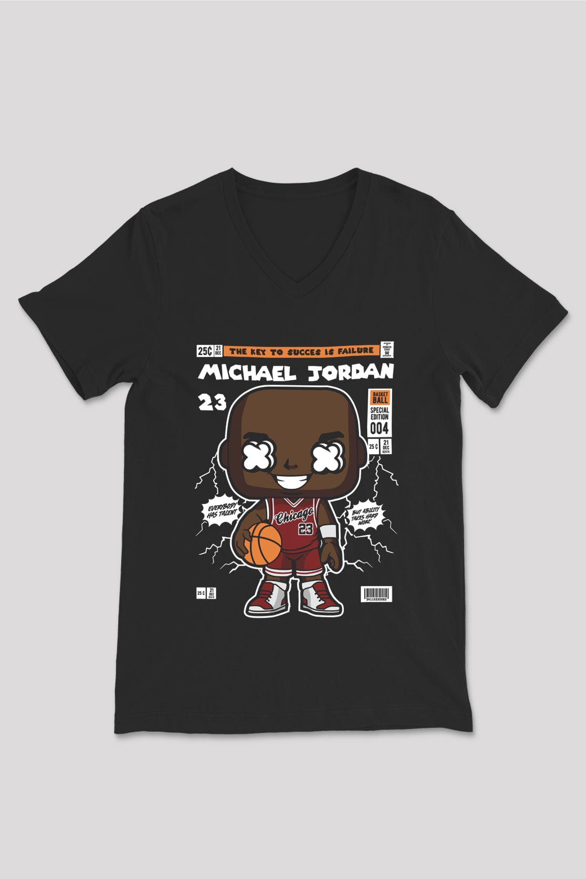 Michael Jordan Baskılı Unisex Siyah V Yaka Tişört
