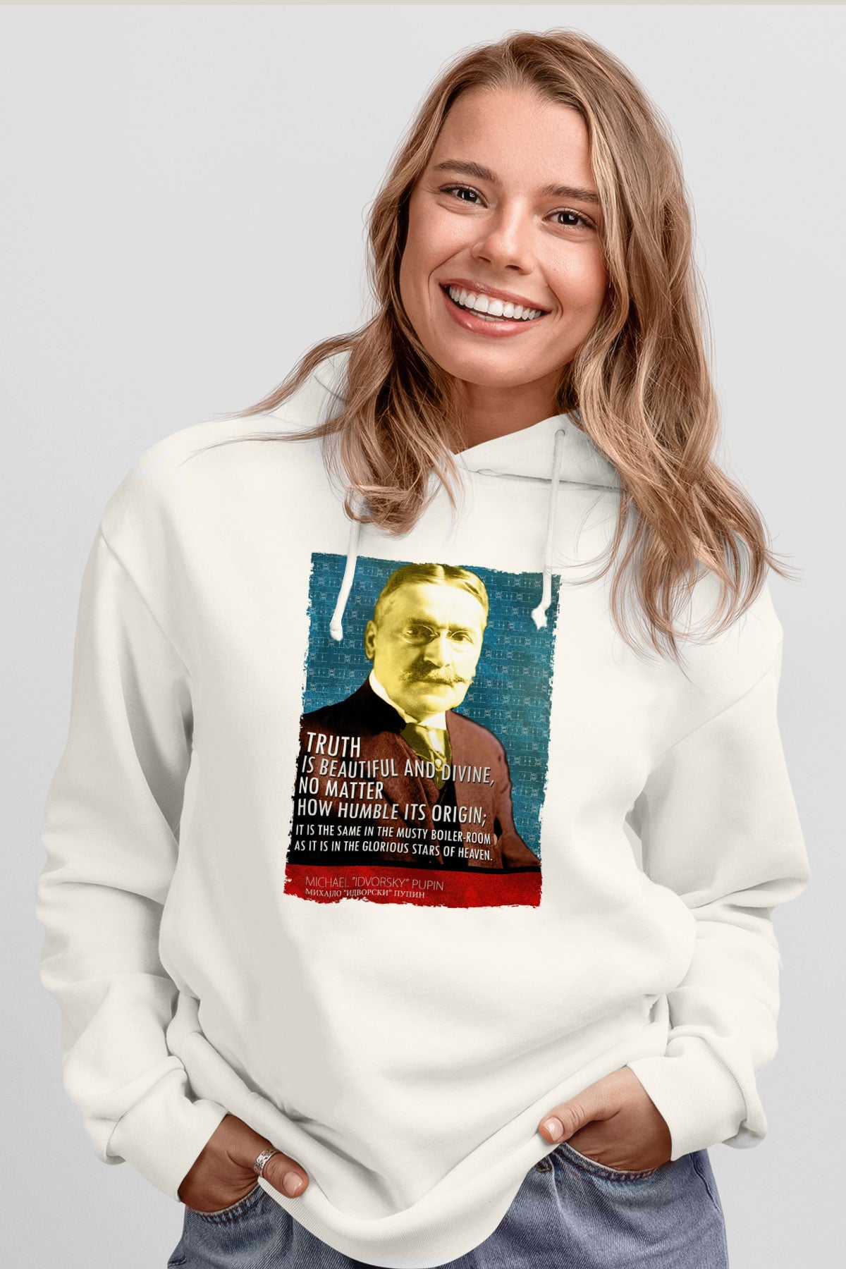 Michael Pupin Alıntı Baskılı Unisex Ekru Hoodie