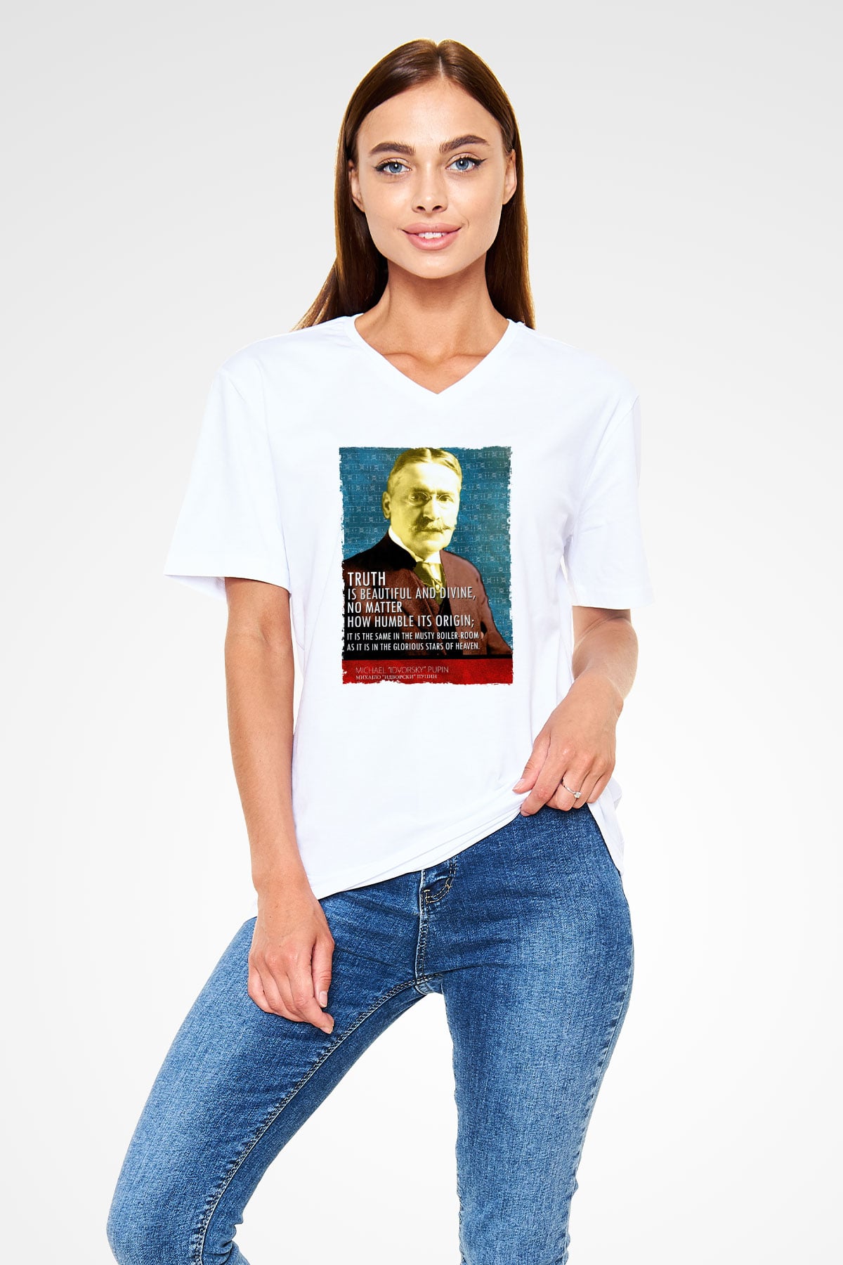 Michael Pupin Alıntı Baskılı Unisex V Yaka Beyaz Tişört - Tshirt