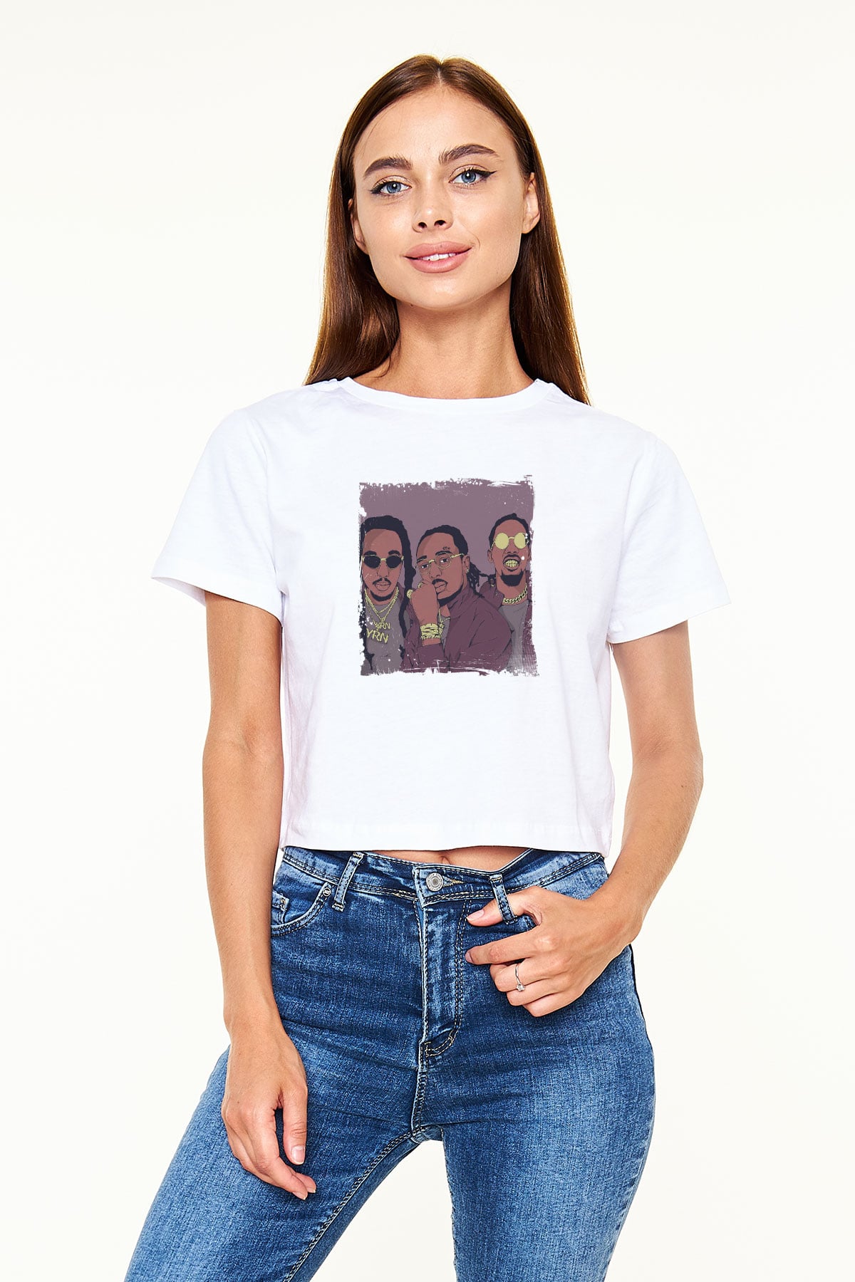 Migos Baskılı Beyaz Kadın Crop Top Tişört