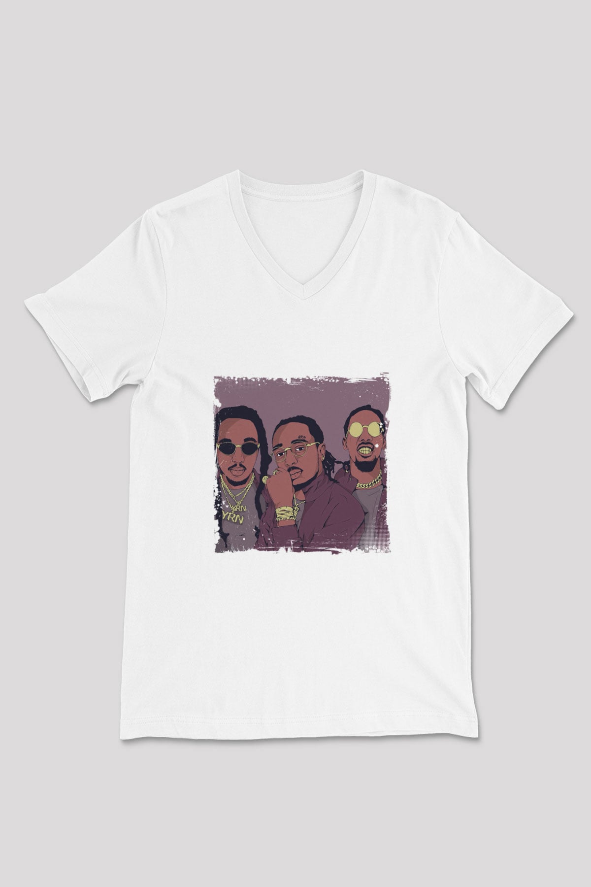 Migos Baskılı Beyaz V Yaka Unisex Tişört