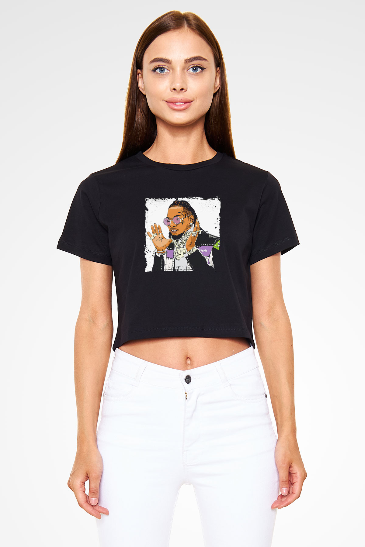 Migos Baskılı Crop Top Siyah Kadın Tişört