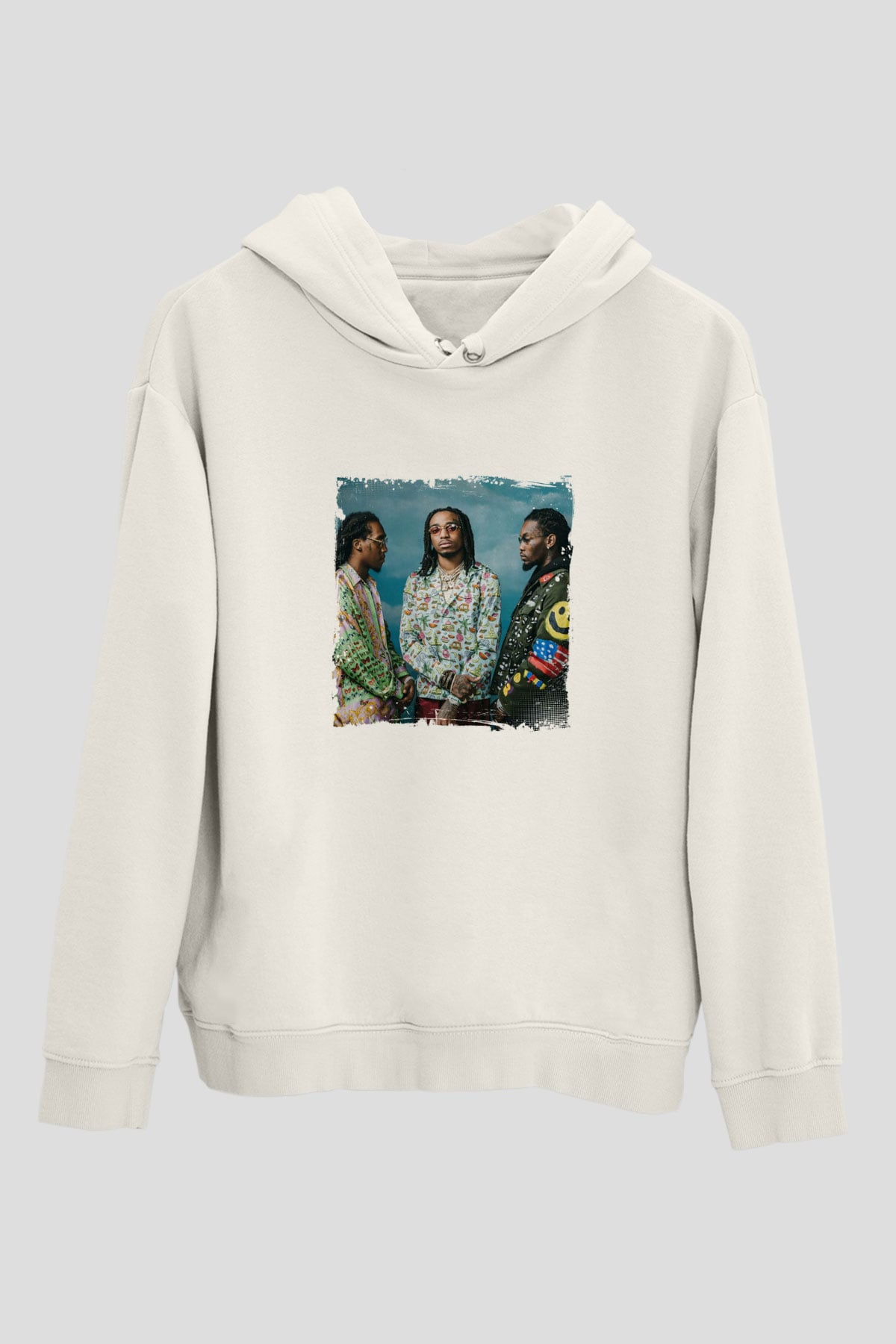 Migos Baskılı Unisex Beyaz Kapüşonlu Sweatshirt
