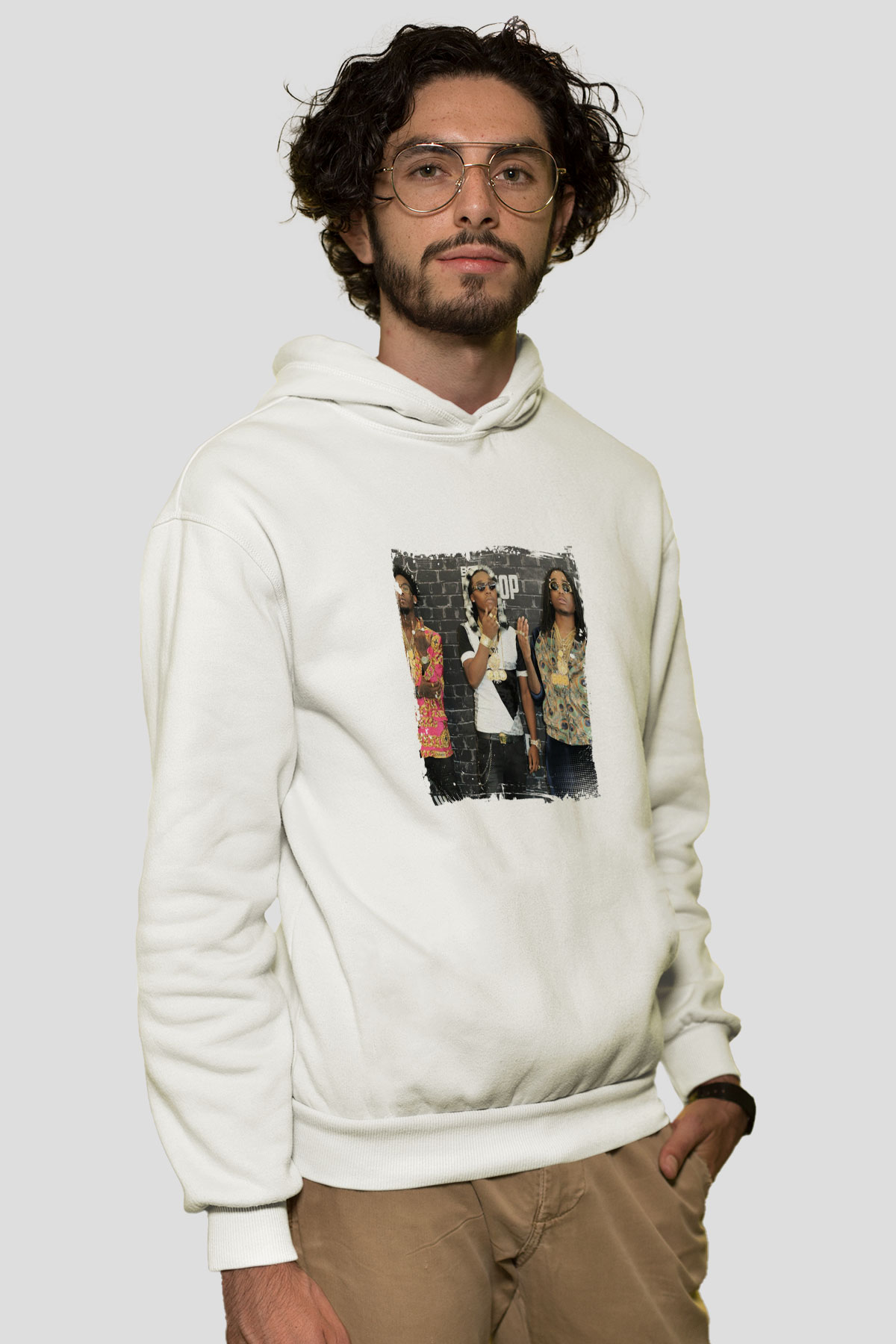 Migos Baskılı Unisex Beyaz Kapüşonlu Sweatshirt