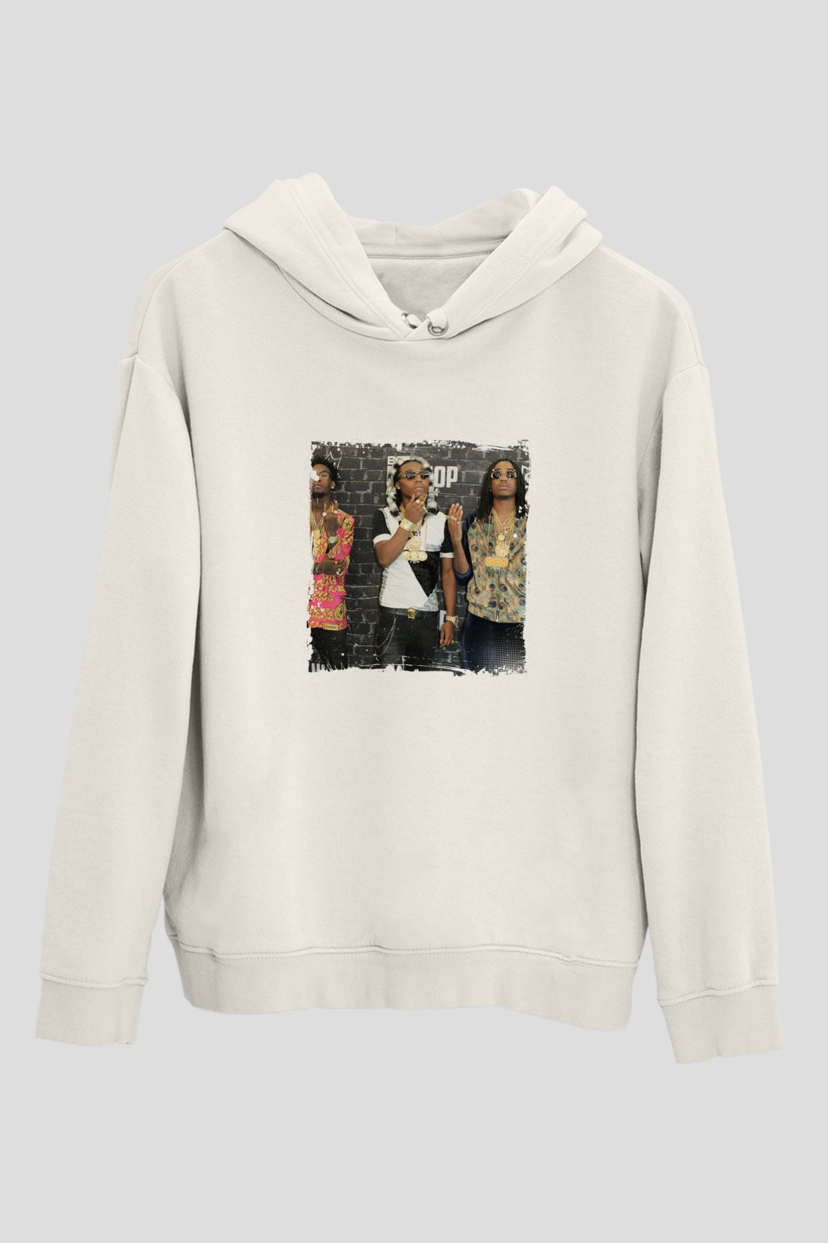 Migos Baskılı Unisex Beyaz Kapüşonlu Sweatshirt