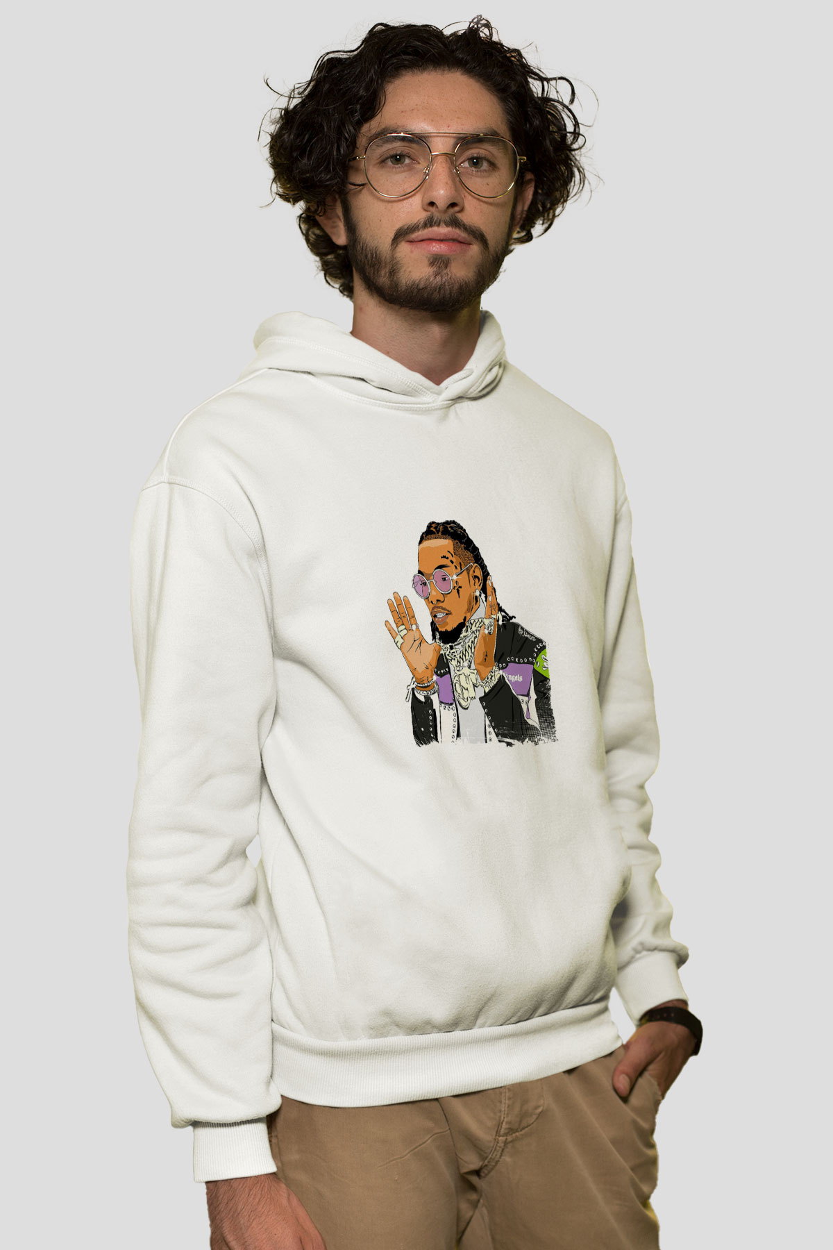 Migos Baskılı Unisex Beyaz Kapüşonlu Sweatshirt