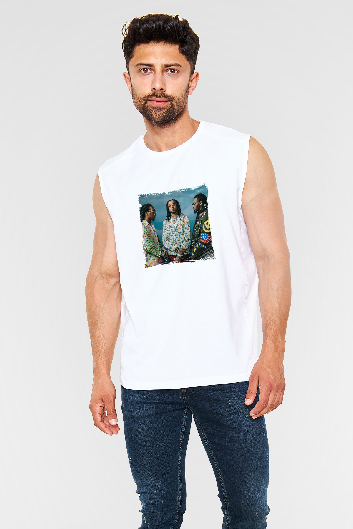 Migos Baskılı Unisex Beyaz Kolsuz Tişört