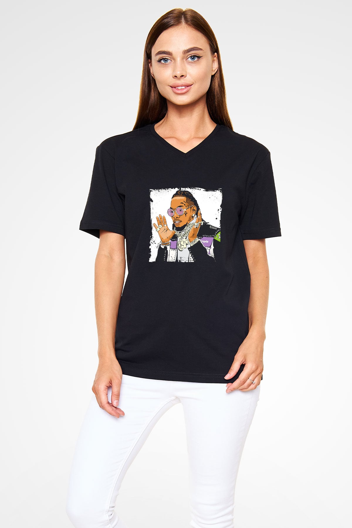 Migos Baskılı Unisex Siyah V Yaka Tişört