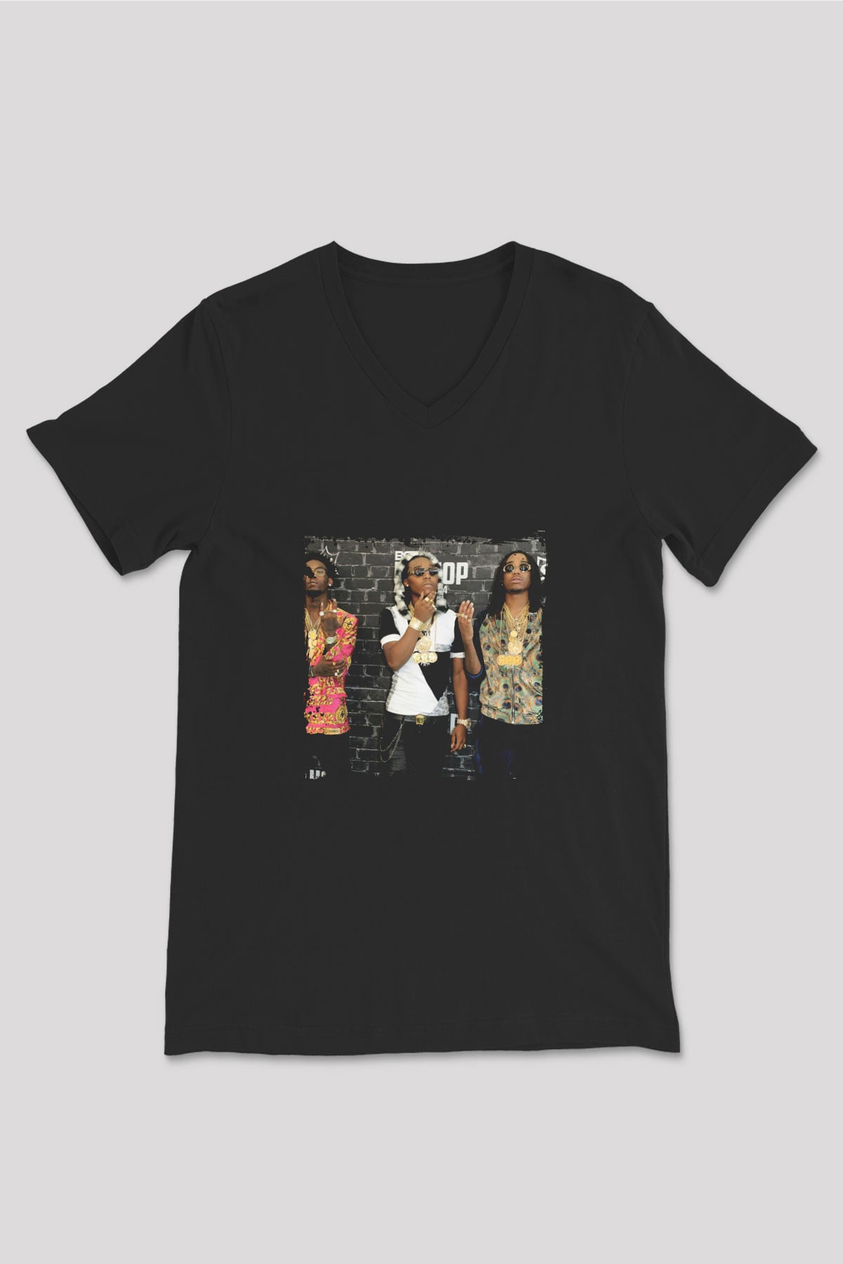 Migos Baskılı Unisex Siyah V Yaka Tişört