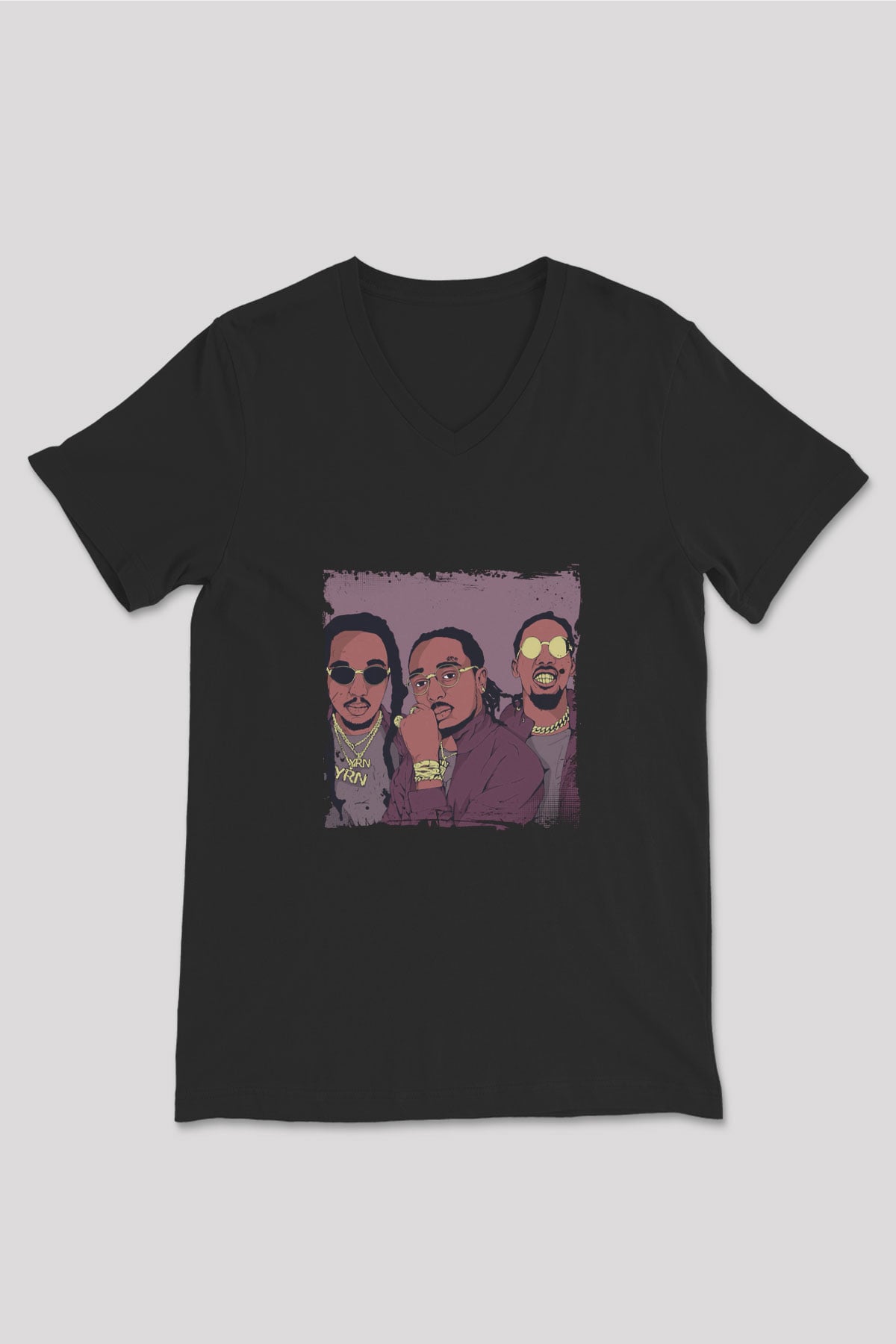 Migos Baskılı Unisex Siyah V Yaka Tişört