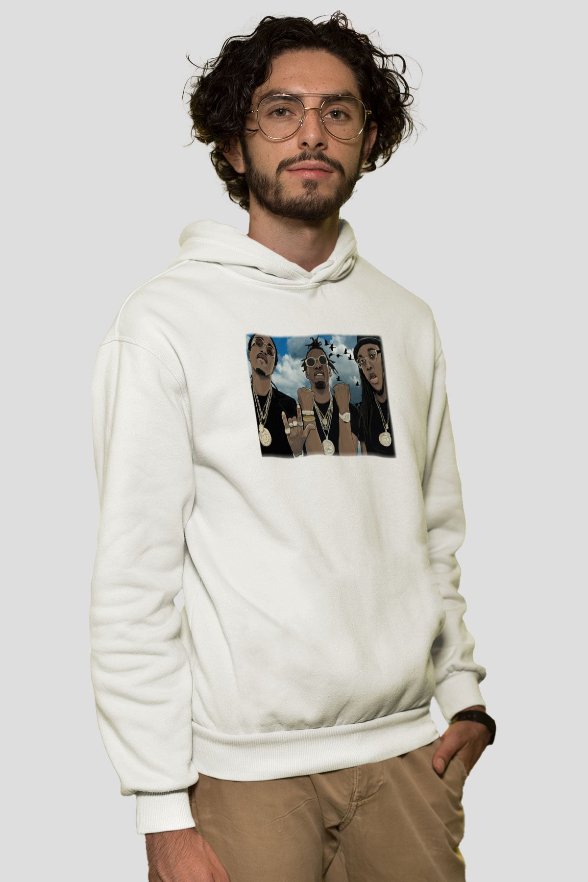 Migos Beyaz Unisex Kapşonlu Sweatshirt