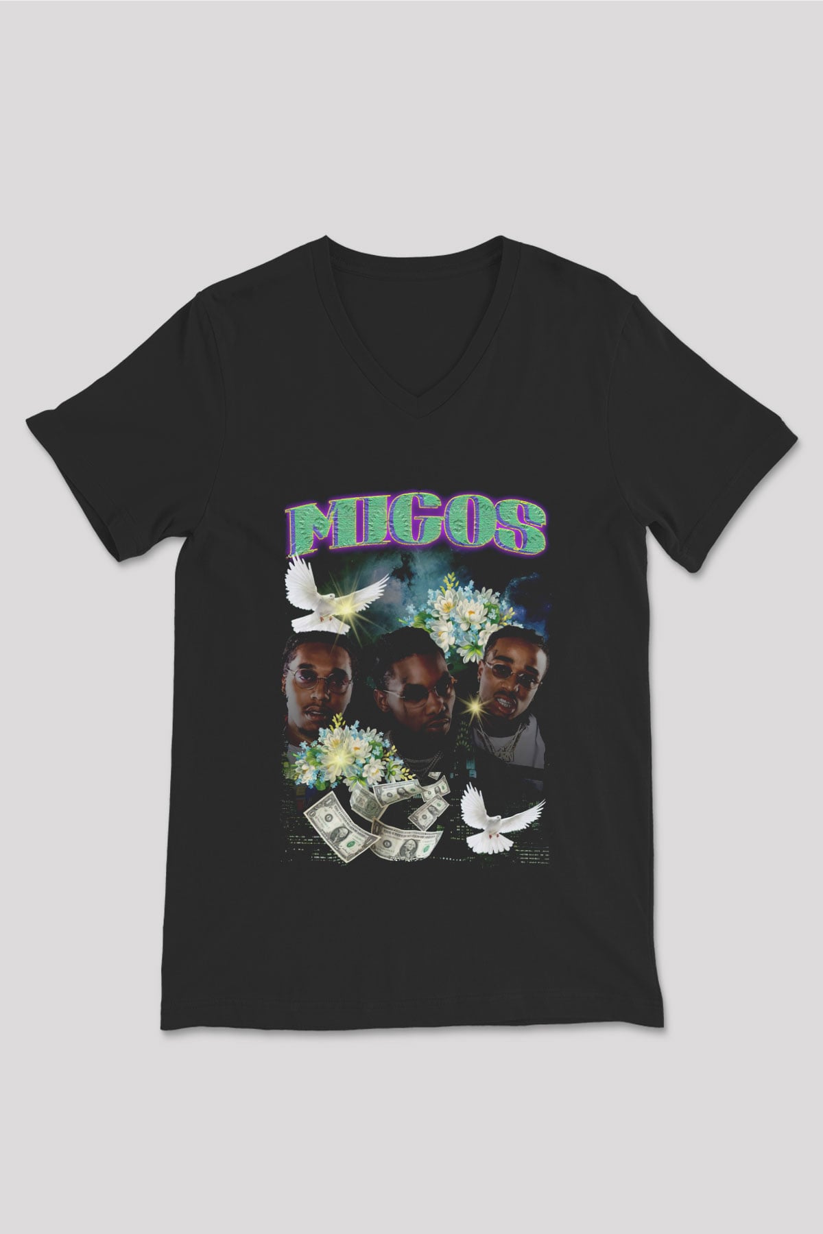 Migos Siyah Unisex V Yaka Tişört