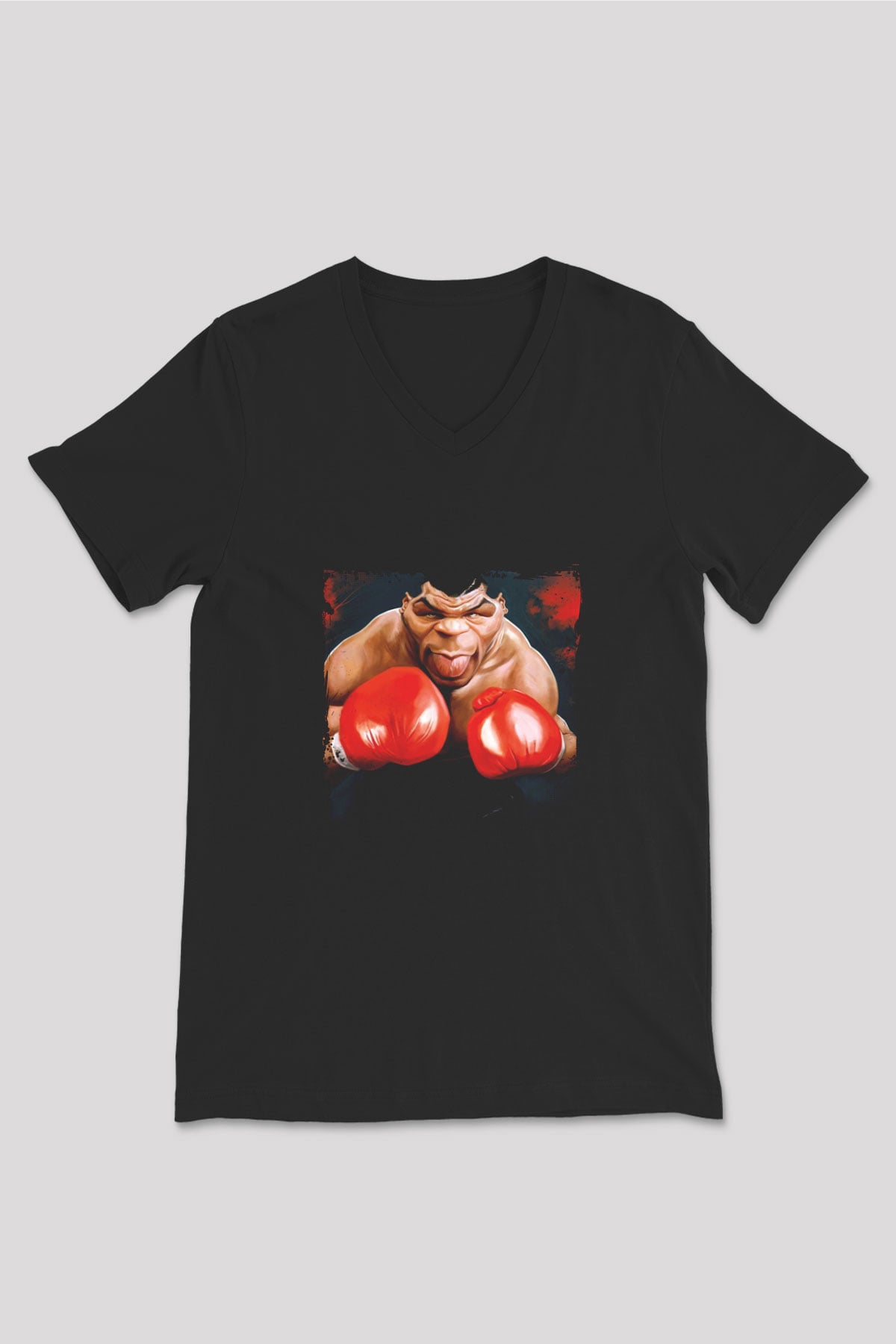 Mike Tyson Baskılı Unisex Siyah V Yaka Tişört