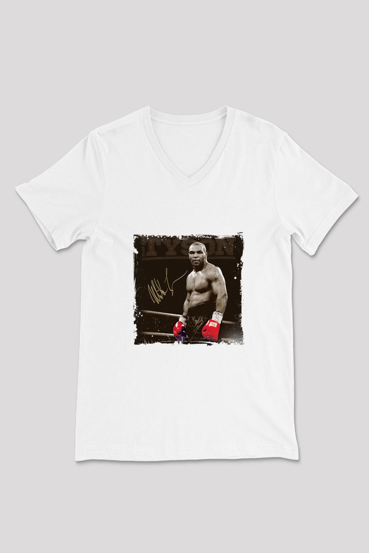 Mike Tyson Baskılı V Yaka Unisex Beyaz Tişört