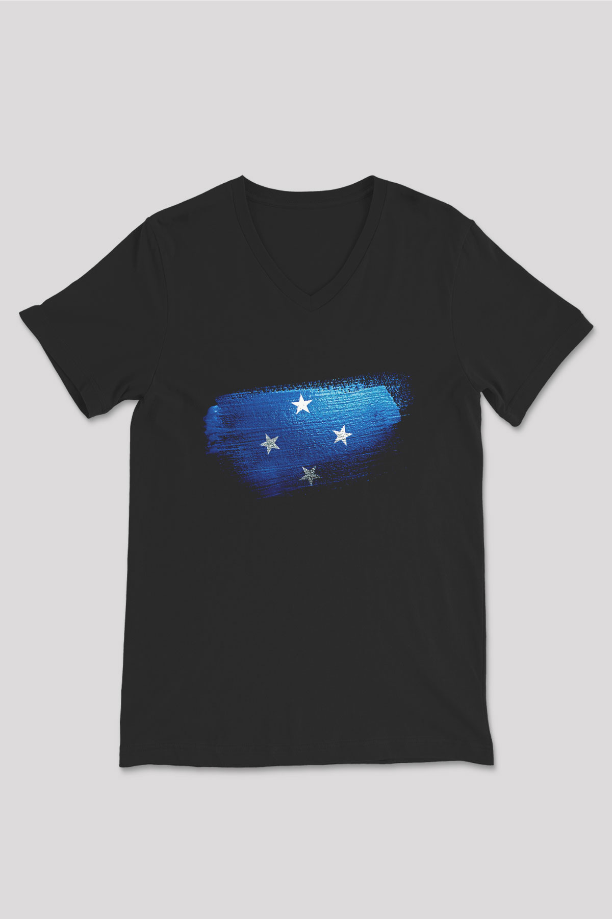 Mikronezya - Micronesia Bayrağı Baskılı Unisex Siyah V Yaka Tişört