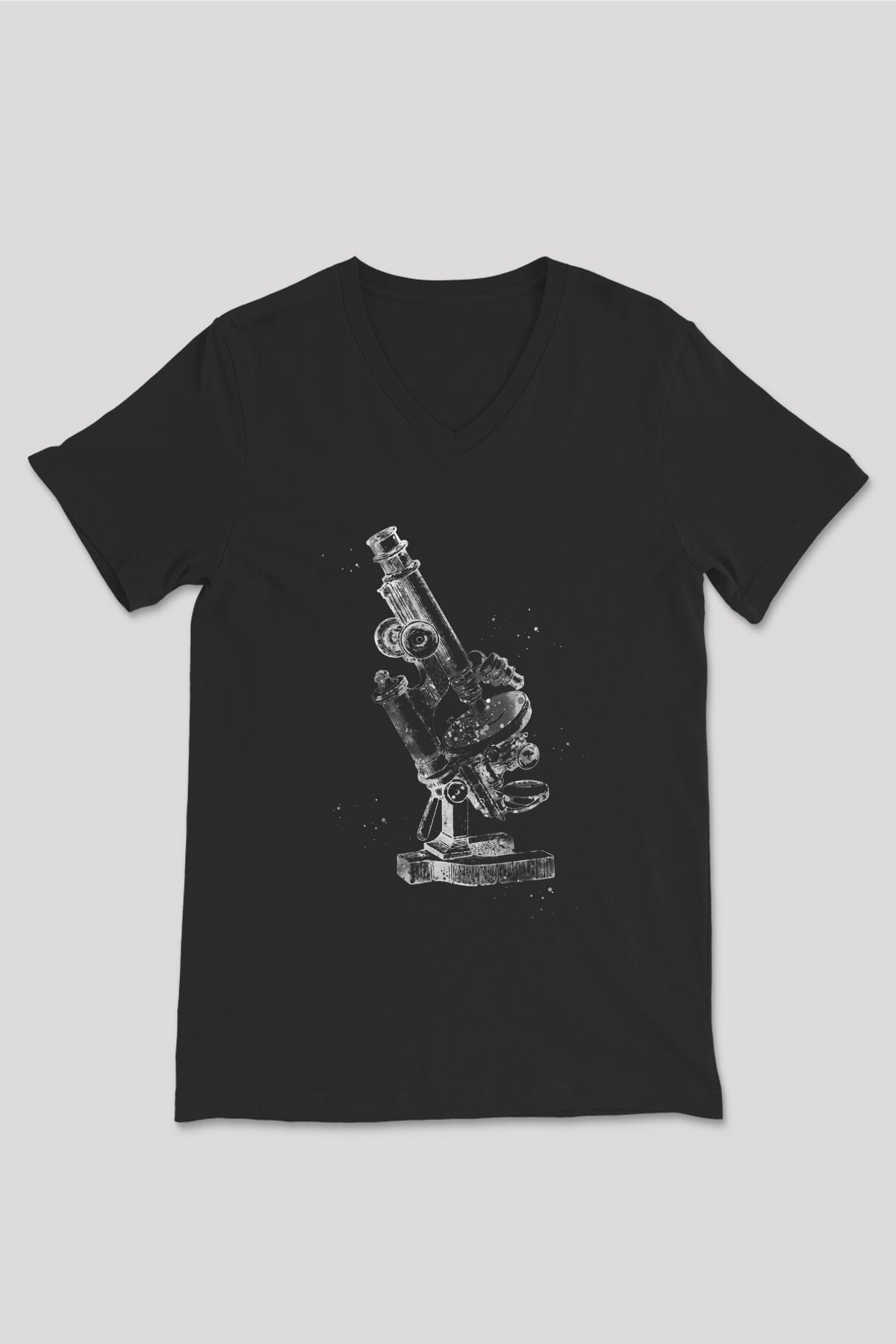 Mikroskop Baskılı Unisex V Yaka Siyah Tİşört - Tshirt