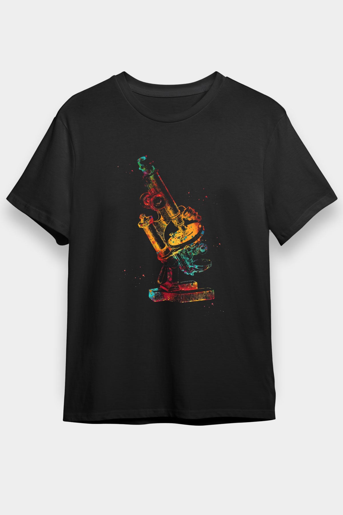 Mikroskop Renkli Baskılı Unisex Siyah Tişört - Tshirt