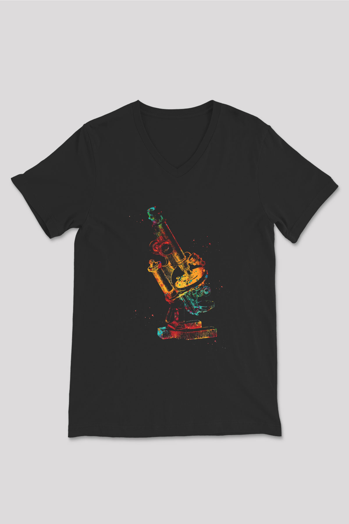 Mikroskop Renkli Baskılı Unisex V Yaka Siyah Tİşört - Tshirt