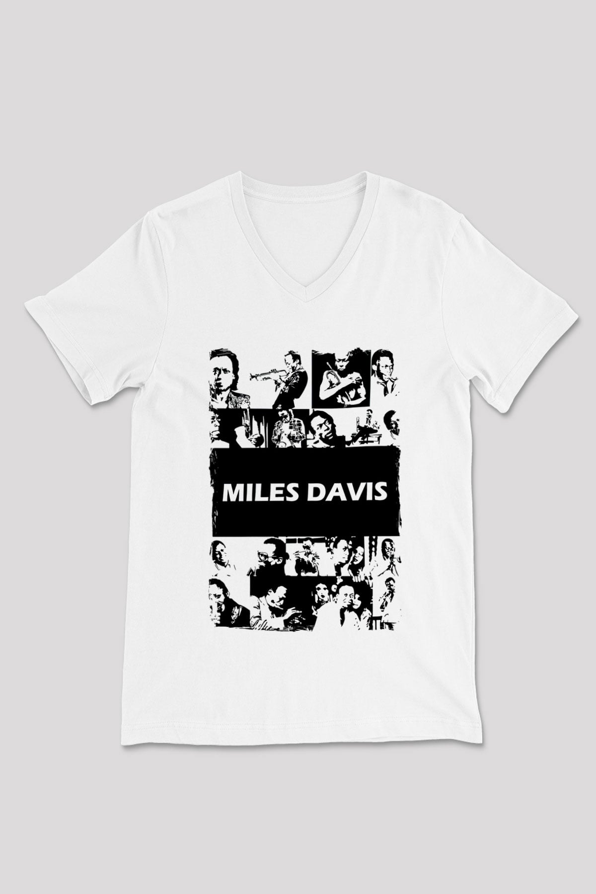 Miles Davis Baskılı Beyaz Unisex V Yaka Tişört - Tshirt