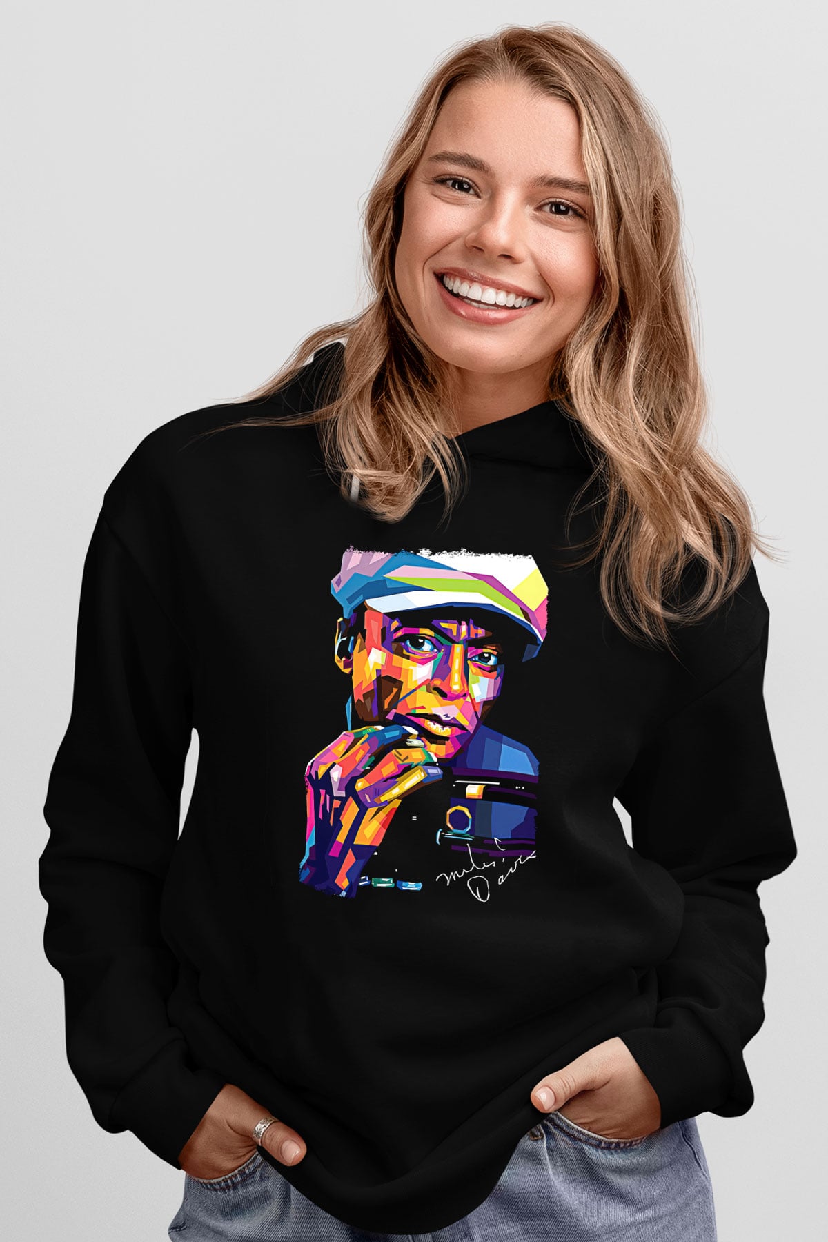 Miles Davis Baskılı Unisex Siyah Kapüşonlu Sweatshirt