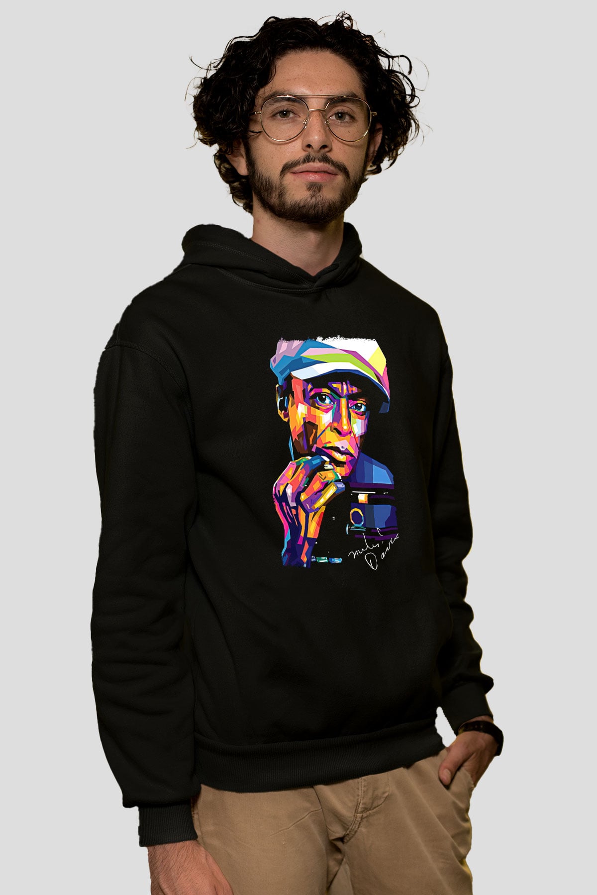 Miles Davis Baskılı Unisex Siyah Kapüşonlu Sweatshirt