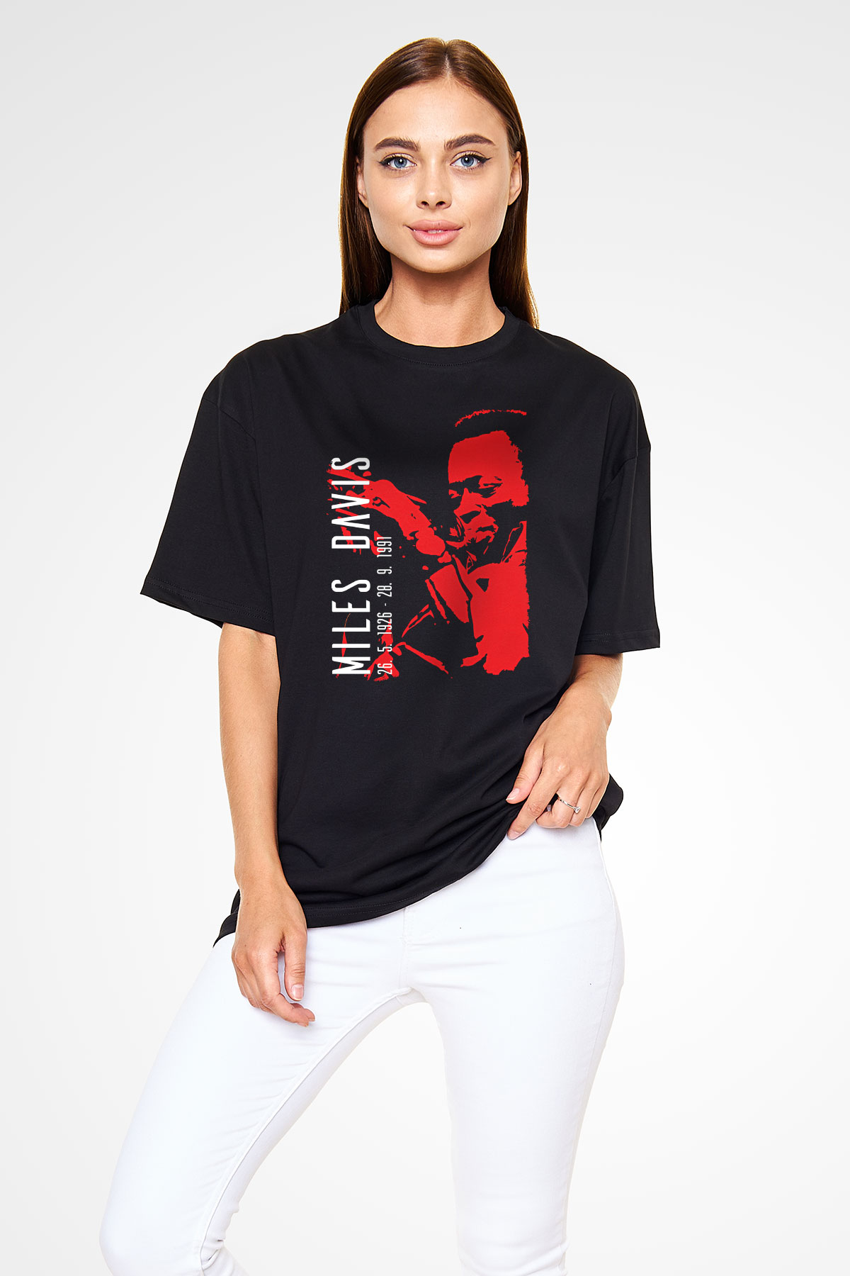Miles Davis Baskılı Unisex Siyah Oversize Tişört - Tshirt