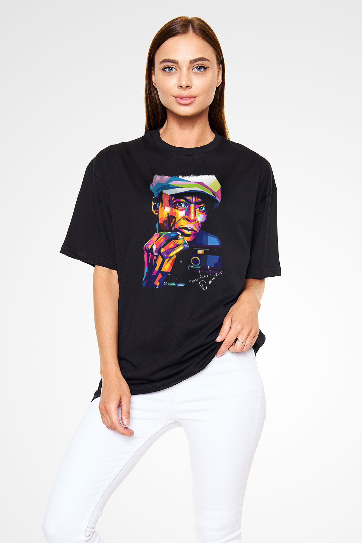 Miles Davis Baskılı Unisex Siyah Oversize Tişört - Tshirt