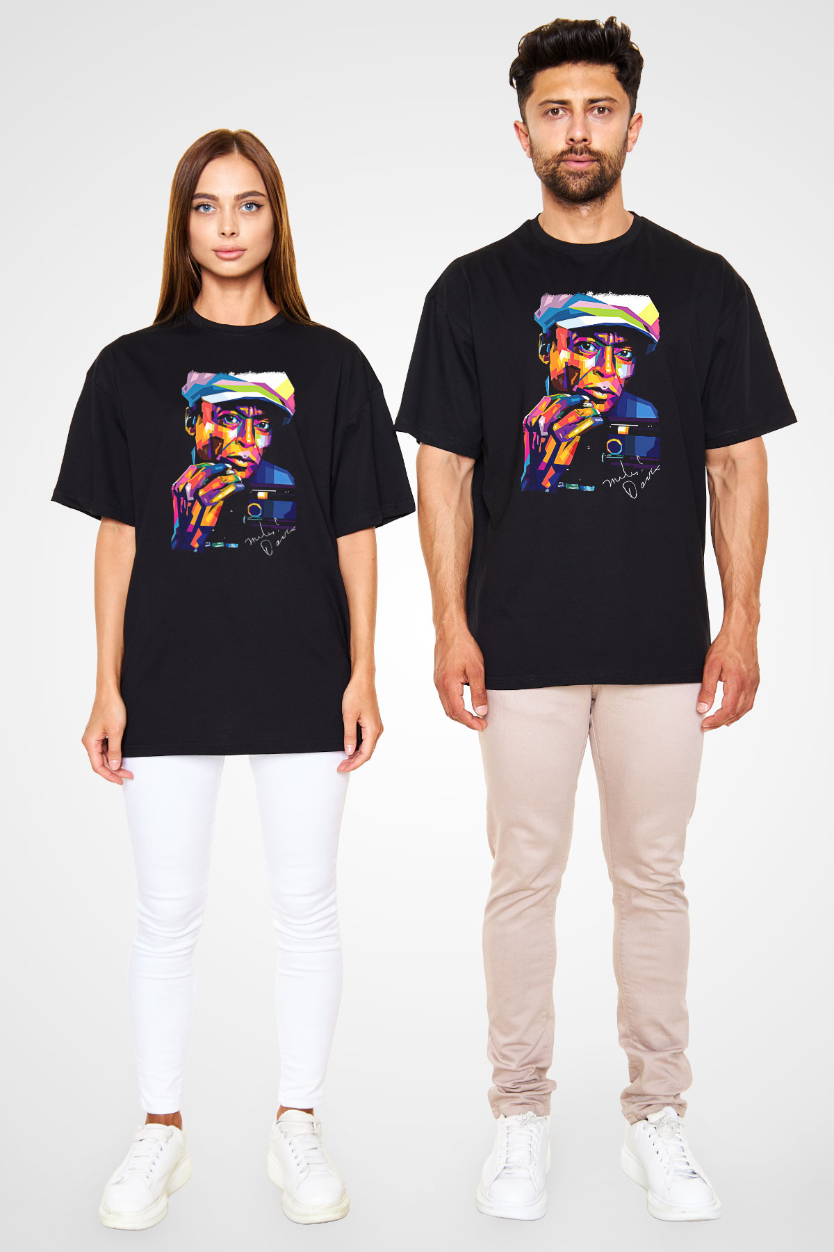 Miles Davis Baskılı Unisex Siyah Oversize Tişört - Tshirt