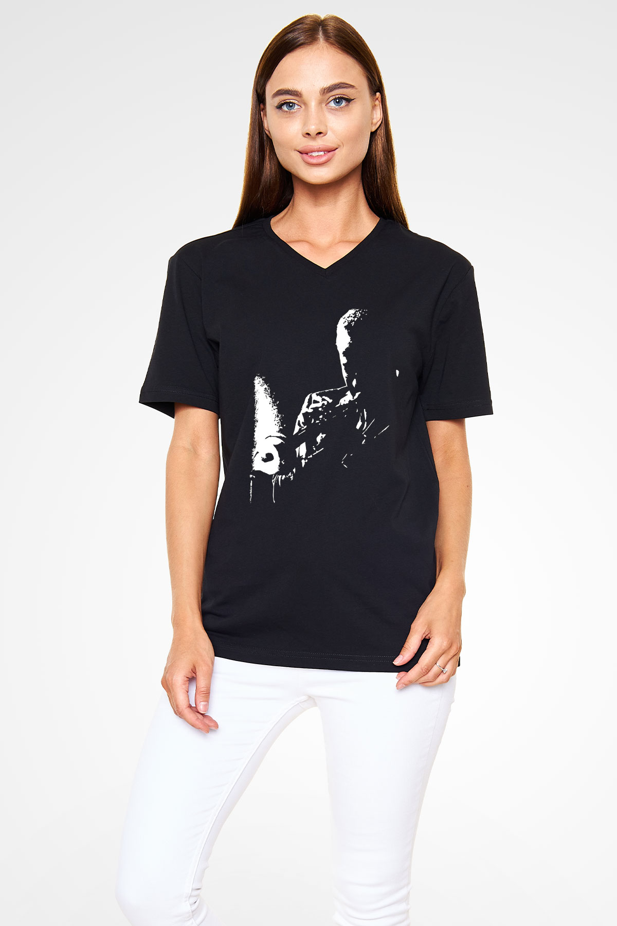 Miles Davis Baskılı Unisex Siyah V Yaka Tişört - Tshirt