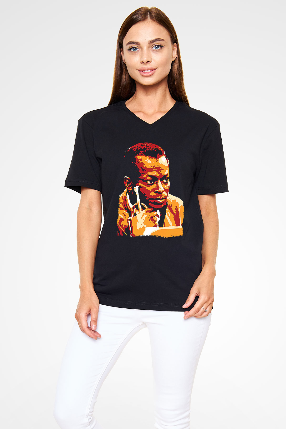 Miles Davis Baskılı Unisex Siyah V Yaka Tişört - Tshirt