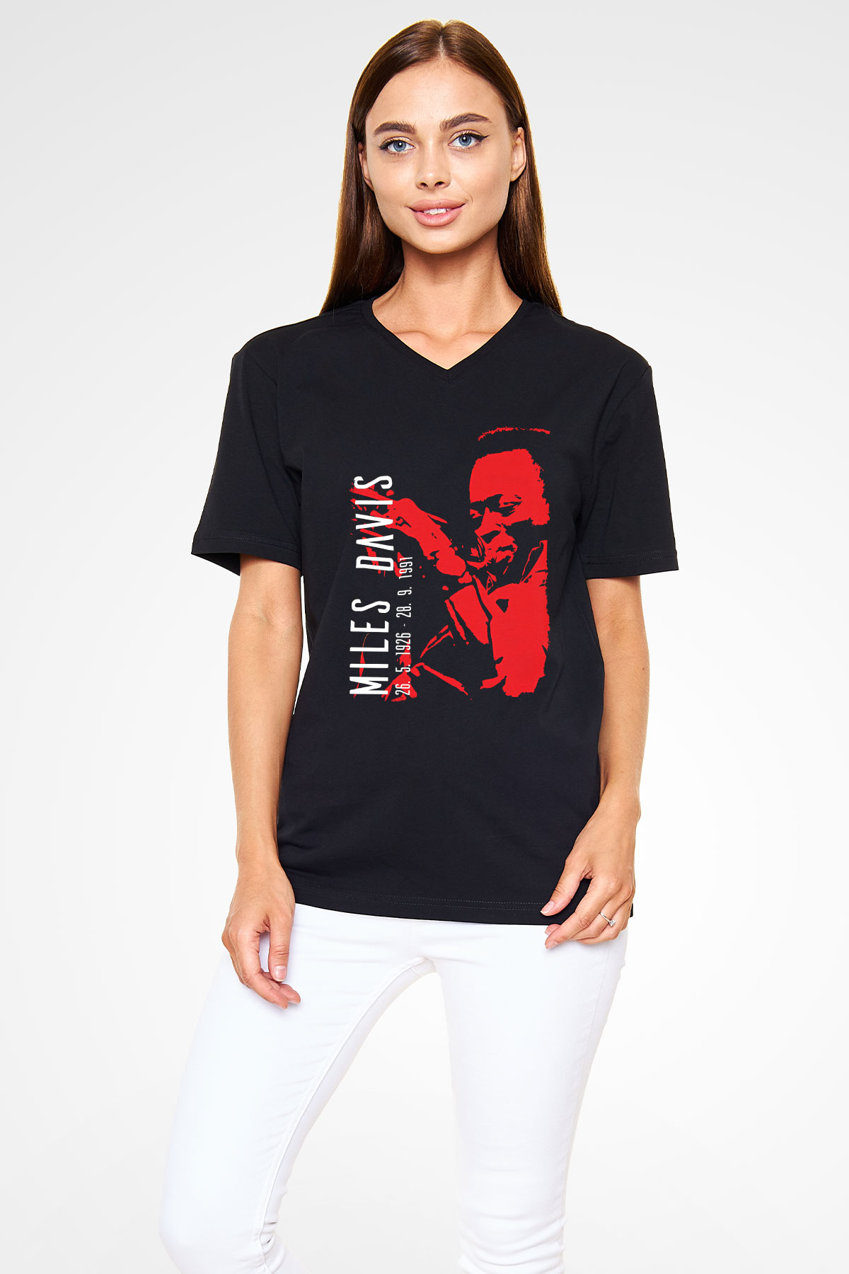 Miles Davis Baskılı Unisex Siyah V Yaka Tişört - Tshirt