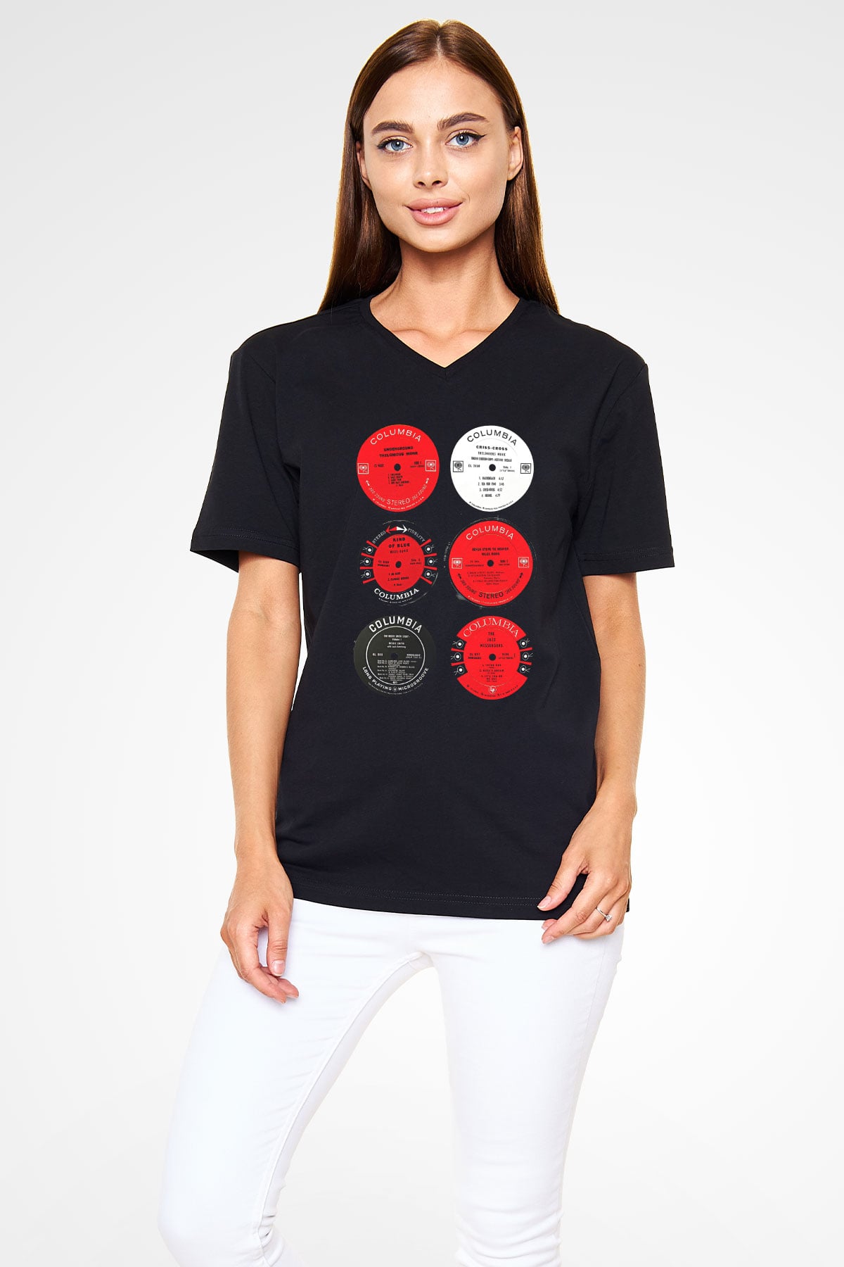 Miles Davis Baskılı Unisex Siyah V Yaka Tişört - Tshirt
