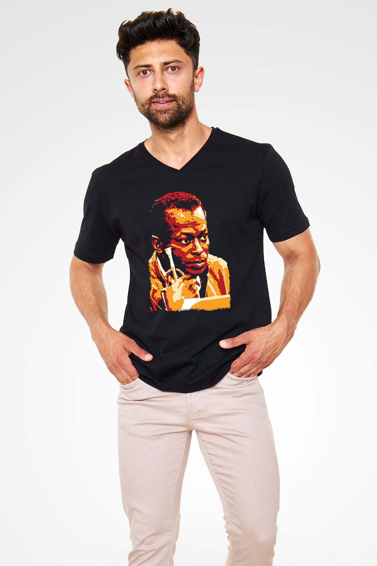 Miles Davis Baskılı Unisex Siyah V Yaka Tişört - Tshirt