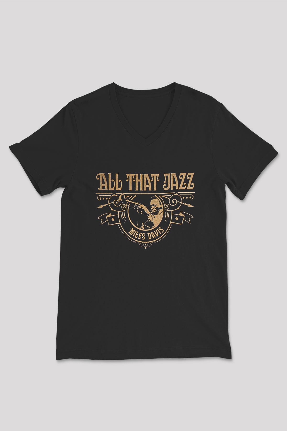 Miles Davis Baskılı Unisex Siyah V Yaka Tişört - Tshirt