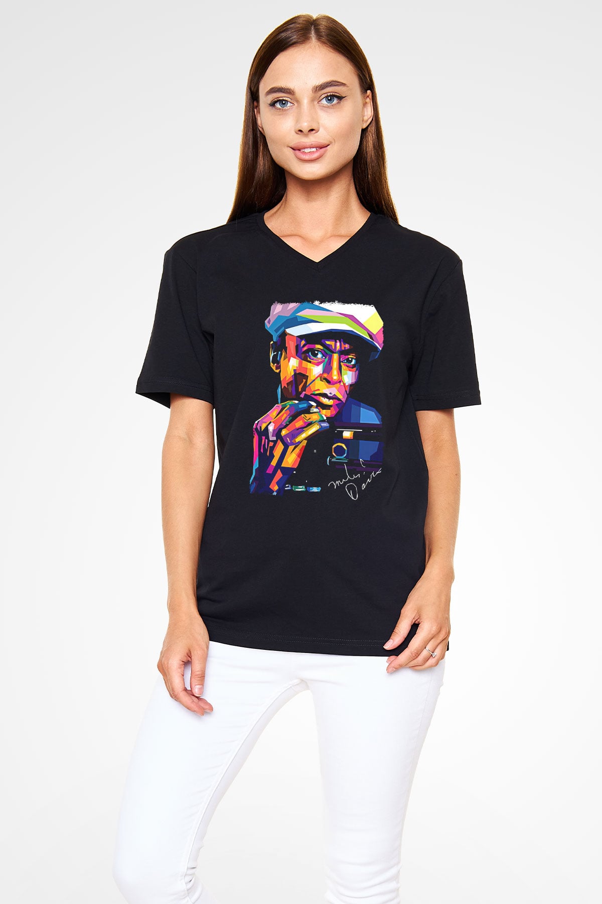Miles Davis Baskılı Unisex Siyah V Yaka Tişört - Tshirt