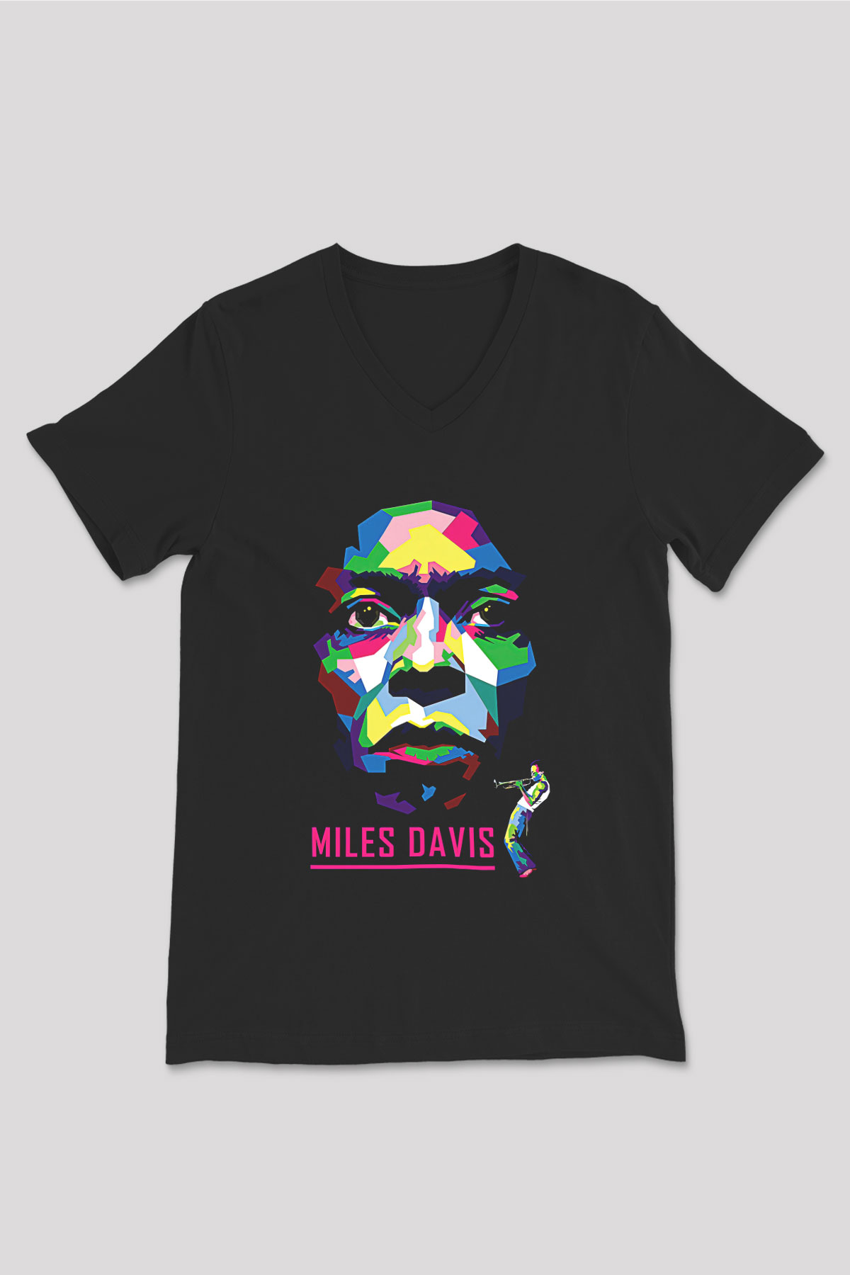 Miles Davis Baskılı Unisex Siyah V Yaka Tişört - Tshirt