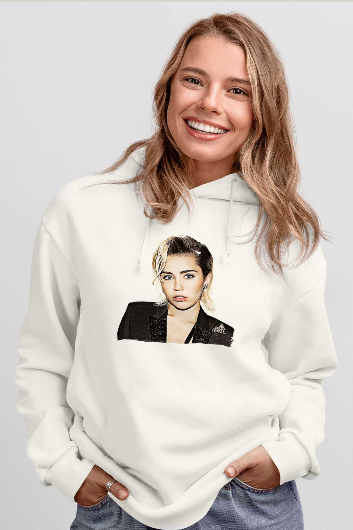Miley Cyrus Baskılı Beyaz Unisex Kapüşonlu Sweatshirt