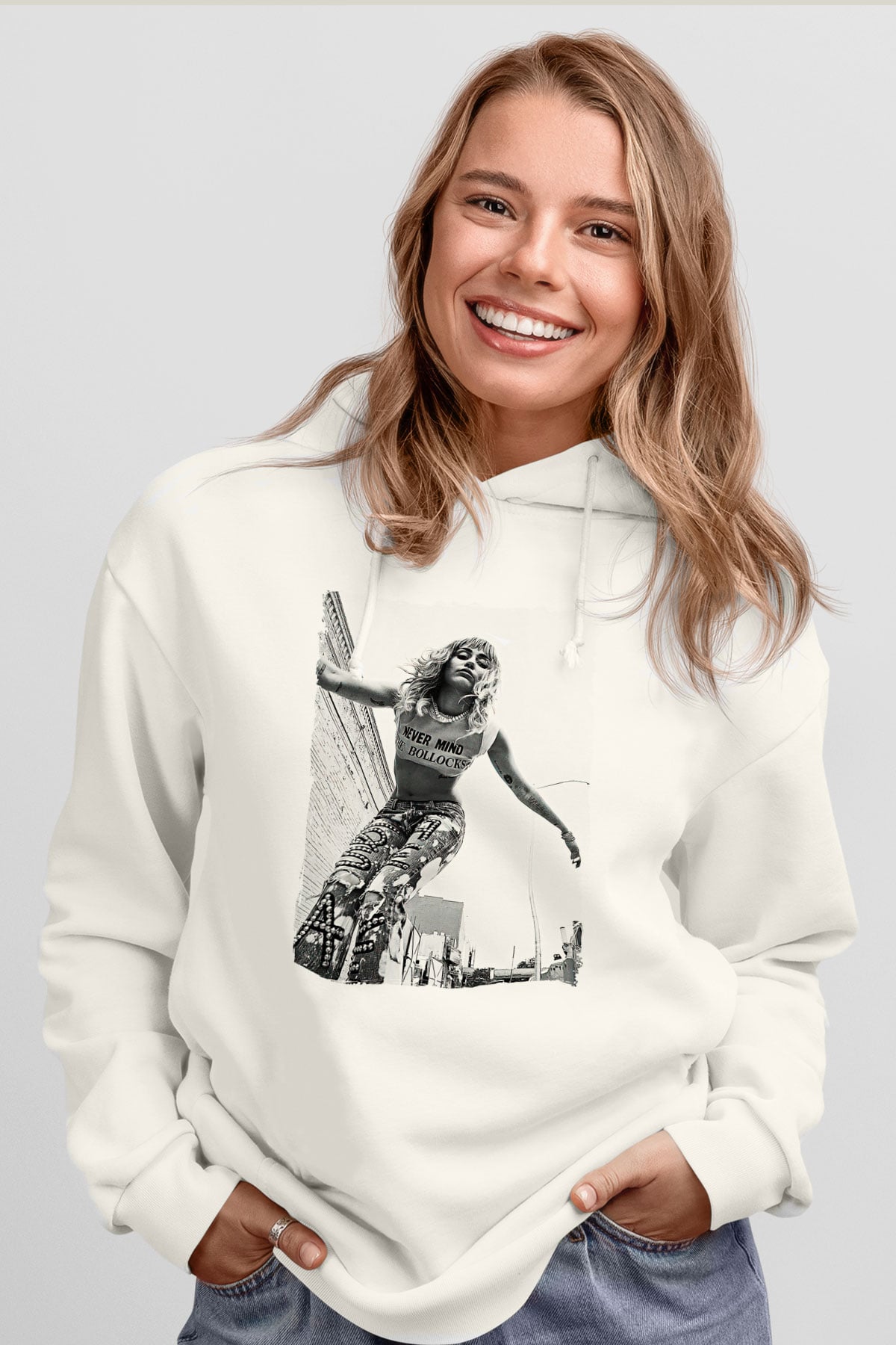 Miley Cyrus Baskılı Beyaz Unisex Kapüşonlu Sweatshirt