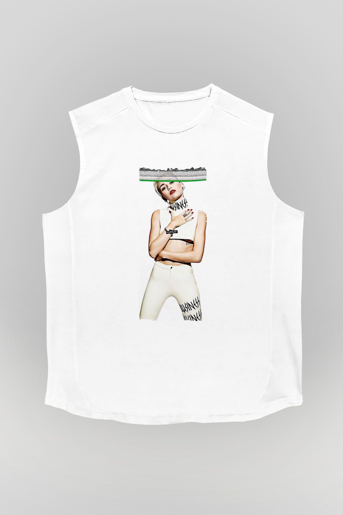 Miley Cyrus Baskılı Beyaz Unisex Kolsuz Tişört - Tshirt