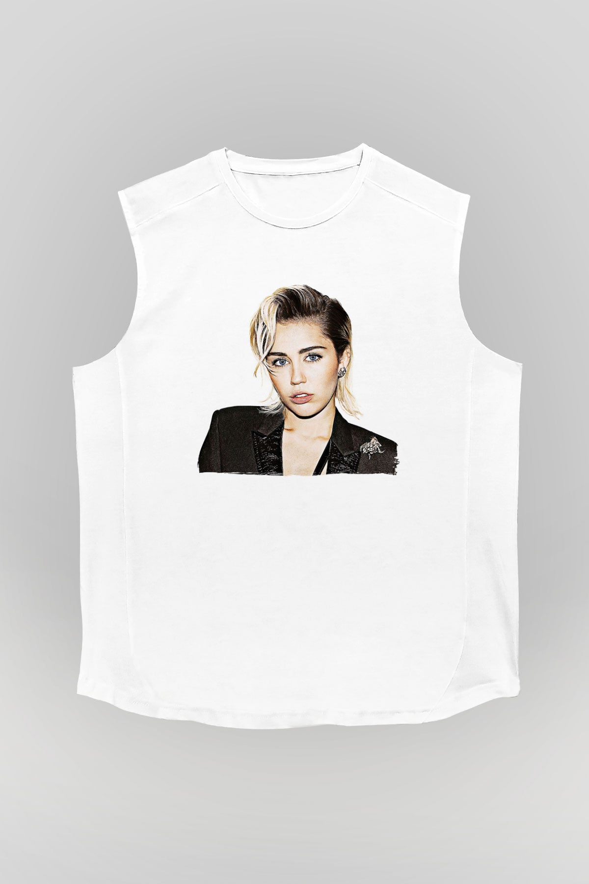 Miley Cyrus Baskılı Beyaz Unisex Kolsuz Tişört - Tshirt