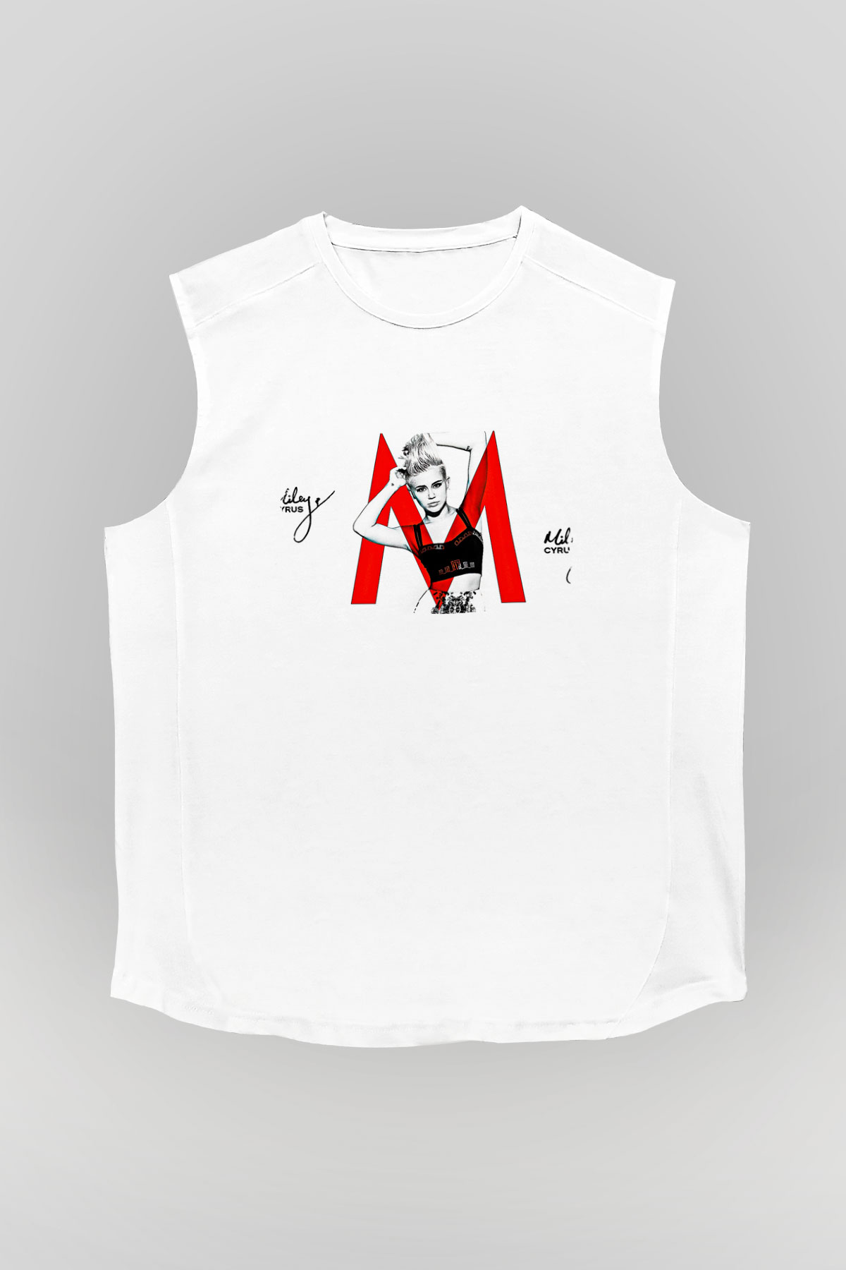 Miley Cyrus Baskılı Beyaz Unisex Kolsuz Tişört - Tshirt