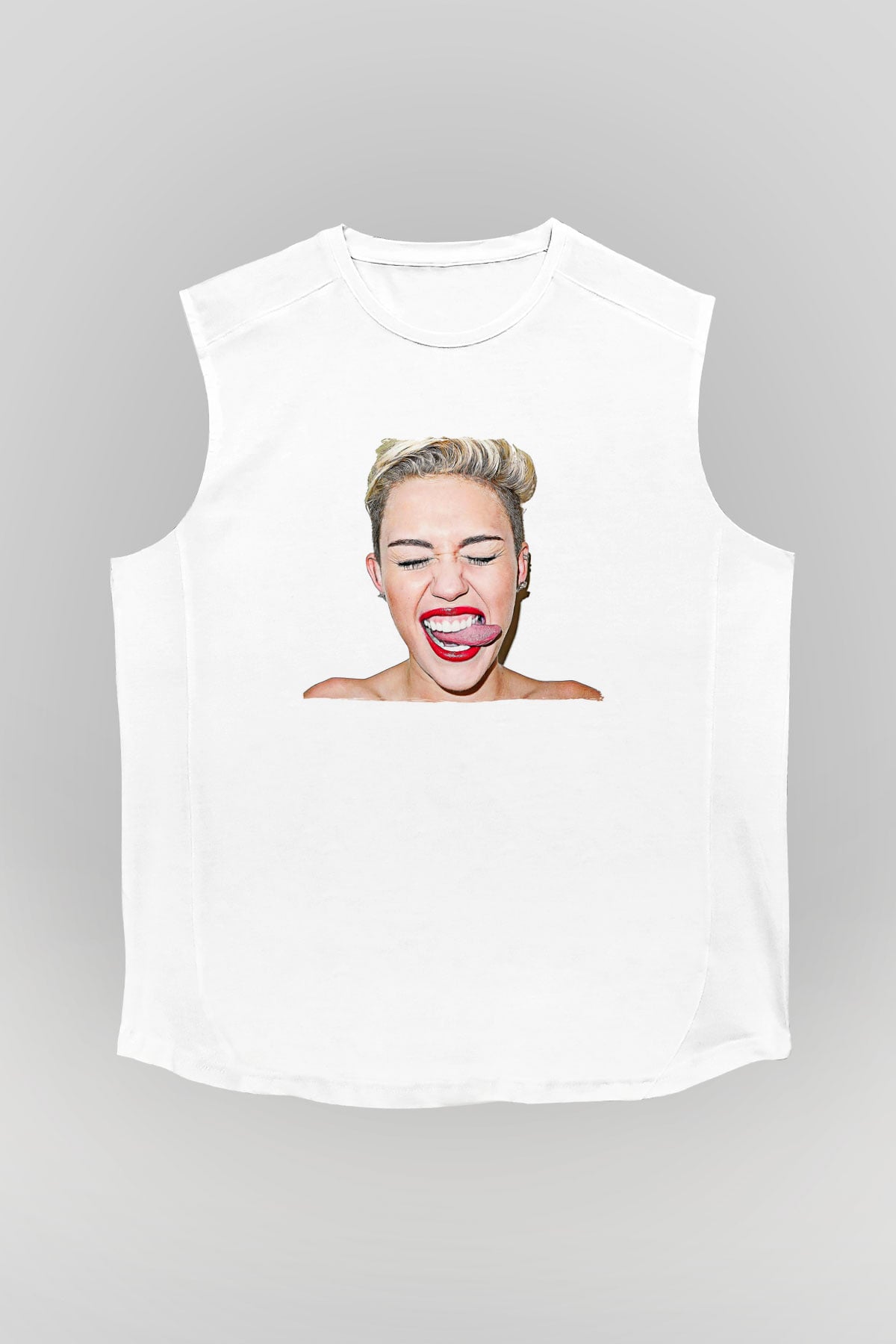 Miley Cyrus Baskılı Beyaz Unisex Kolsuz Tişört - Tshirt