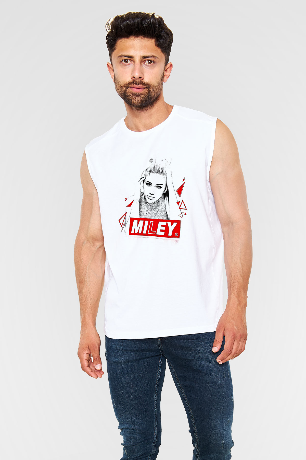 Miley Cyrus Baskılı Beyaz Unisex Kolsuz Tişört - Tshirt