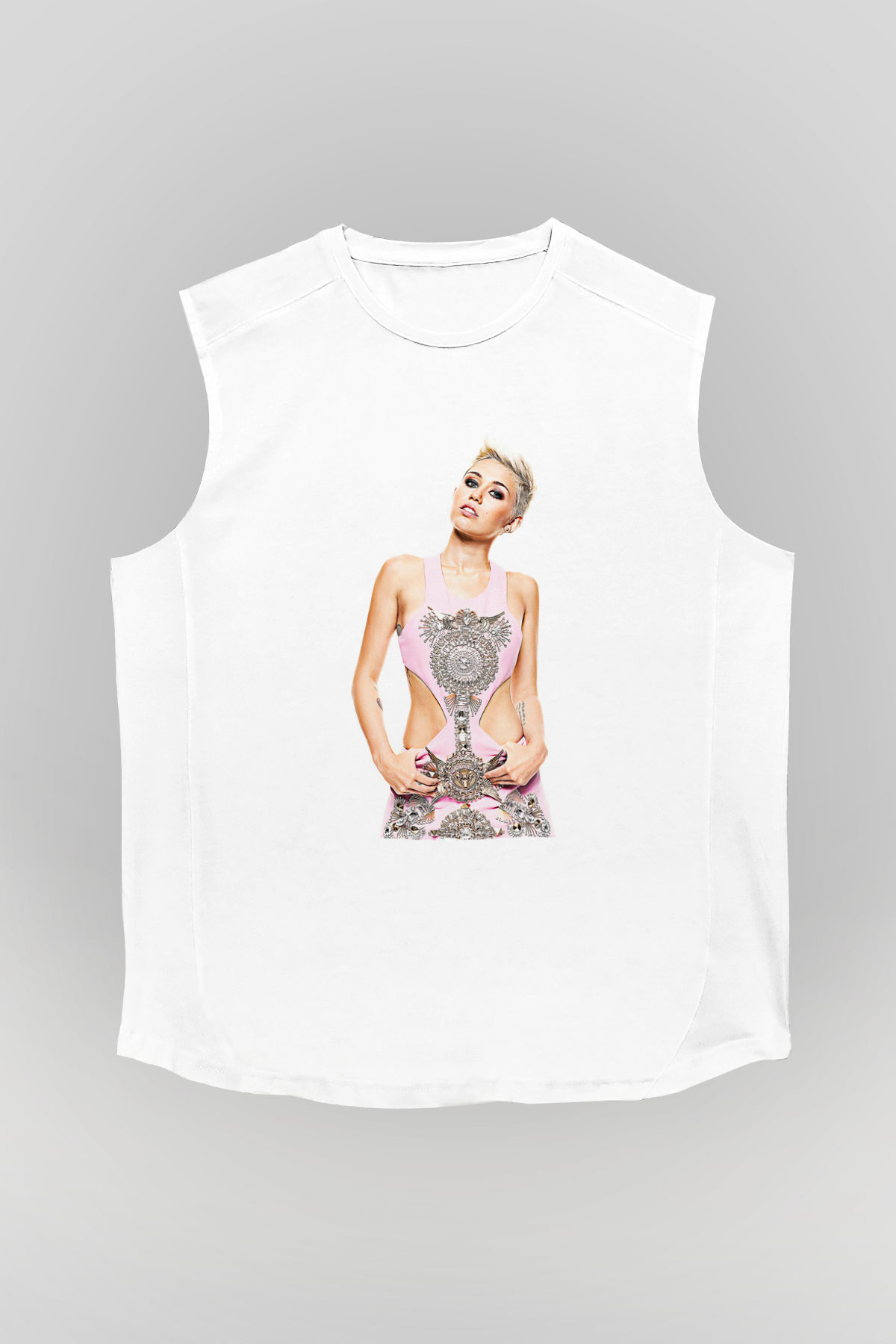 Miley Cyrus Baskılı Beyaz Unisex Kolsuz Tişört - Tshirt