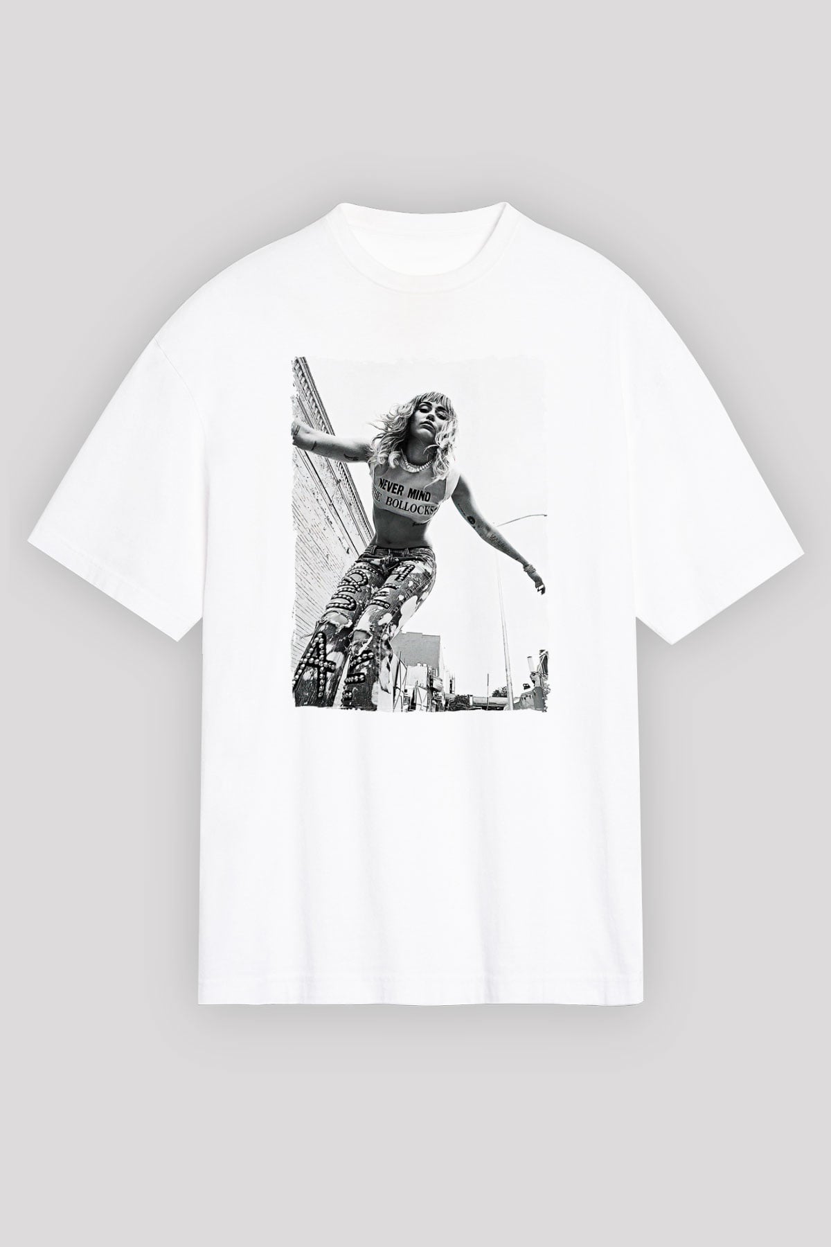 Miley Cyrus Baskılı Beyaz Unisex Oversize Tişört - Tshirt